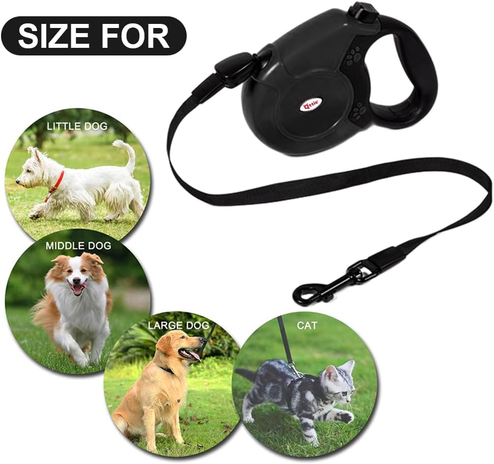8M Retractable Dog Leash, Hands Free Long Dog Lead,Heavy Duty Dog Walking Leash for Dog, Cat up to 40 Kg, 360&deg; Tangle-Free Strong Nylon Tape, Anti-Slip Handle, Brake,Pause,Lock Black