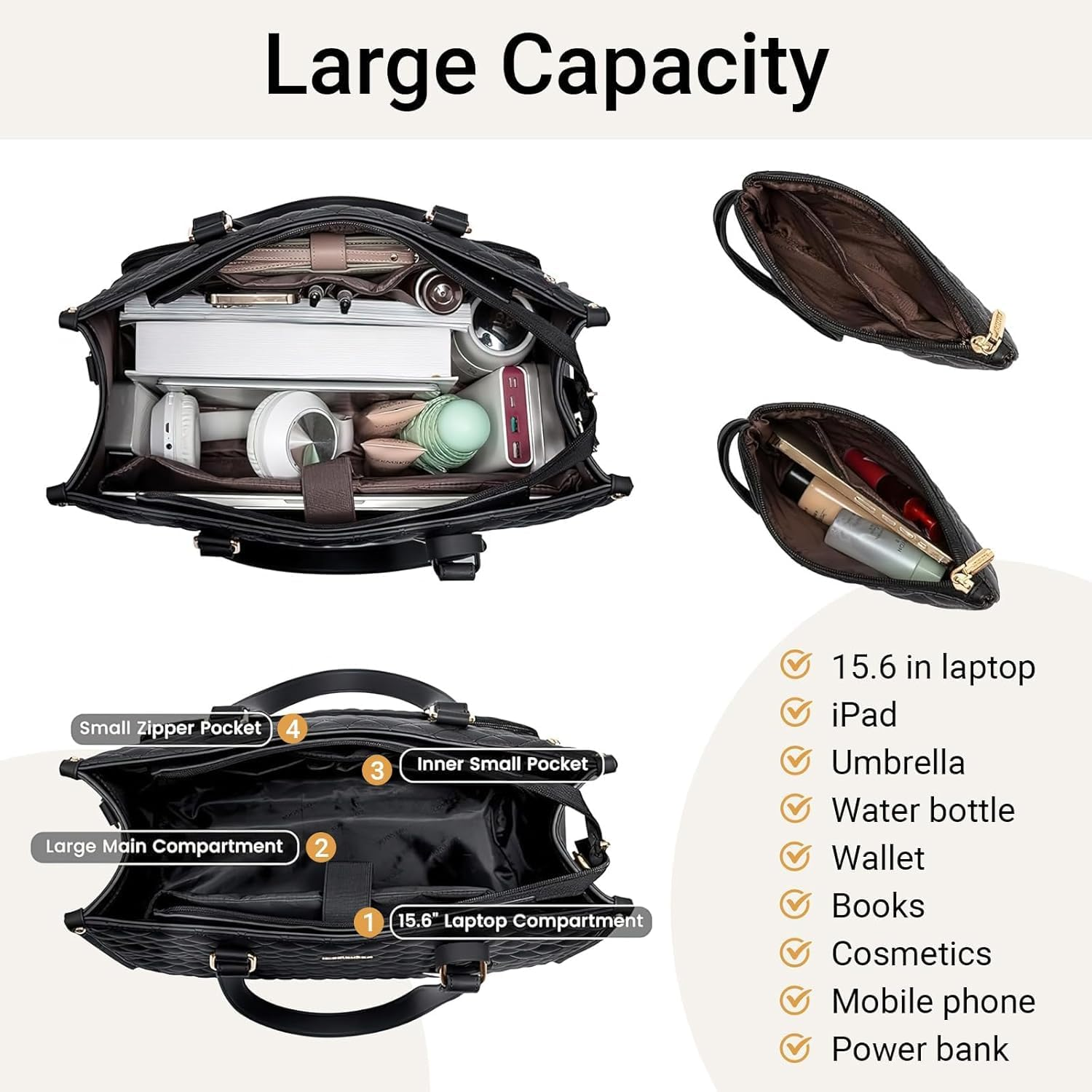 MINYII 2 in 1 Lunch Tote Bag for Women, 15.6 Inch Large Insulated Leakproof Lunch Compartment Bag & Work Tote, Laptop Handbag with Purse for Office, Business, College, Travel - Classic Black image number 4