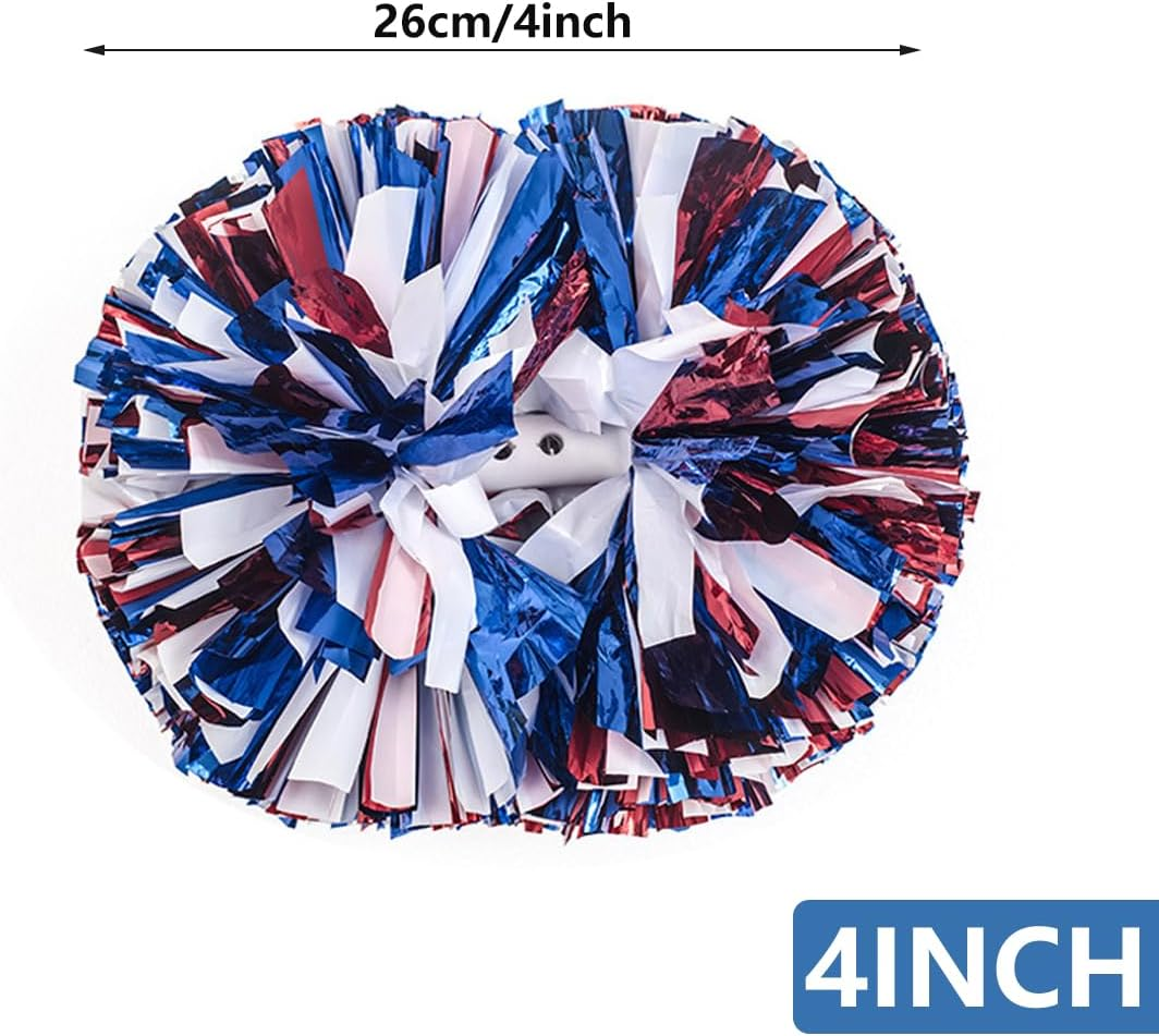 AIMALL 4 PCS Professional Cheerleading Pom Poms,4-Inch Handheld Flower Ball for Children and Adults, Competition Performance Cheer Accessories, Red, White, and Blue image number 5