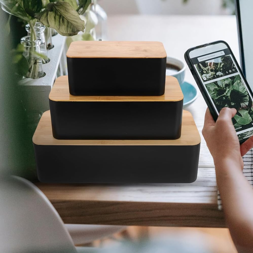 Betterlifewj 3-Pack (One Large, One Medium, One Small) Cable Organizer Boxes with Bamboo Lids, Suitable for Home and Office Use. image number 3