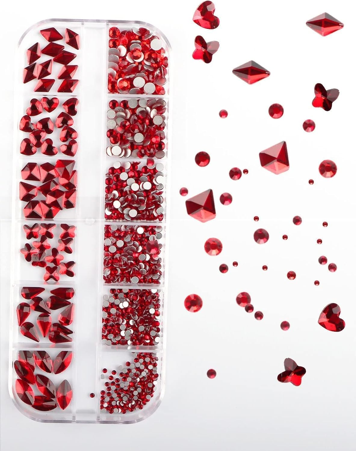 EBANKU Christmas Red Nail Rhinestones Hearts Butterfly round Shaped Nail Art Crystals Diamonds Flat Back Rhinestones 3D Diamond Stone Nail Gems with Tweezers for Halloween Christmas Valentine'S Day