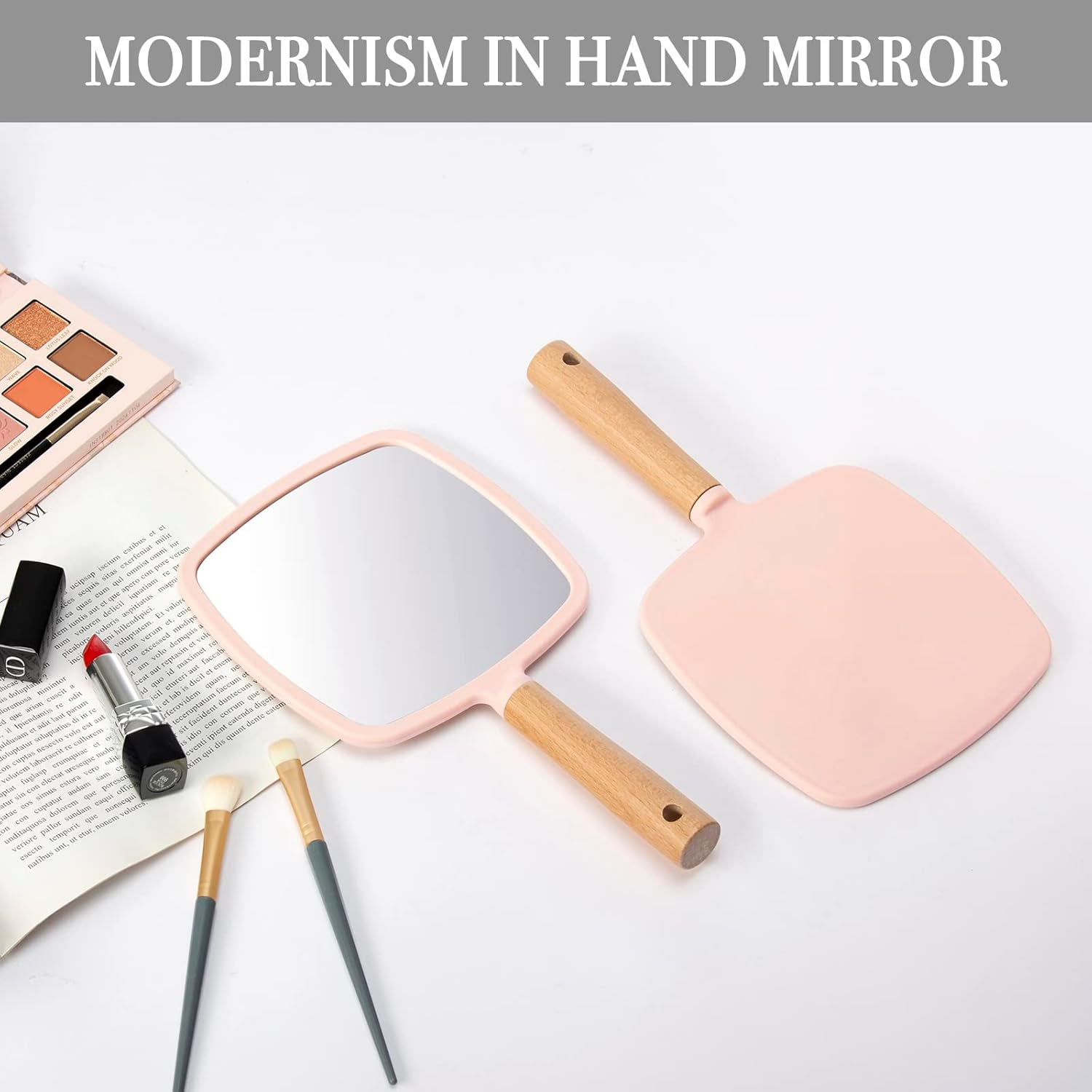 YEAKE Hand Held Mirror with Handle for Makeup,Small Cute Wood Hand Mirror for Shaving with Hole Hanging Single-Sided Portable Travel Vanity Mirror for Men&Women(Square,Pink,1Pack)