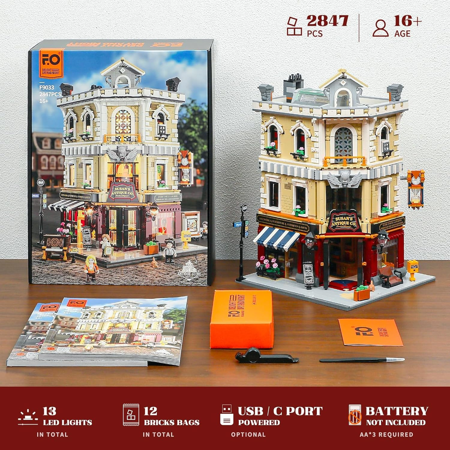 FUNWHOLE Antique Shop Lighting Building Block Set - City Life Corner Shop LED Light Construction Kit Model Set 2847 Pieces for Adults and Teenagers