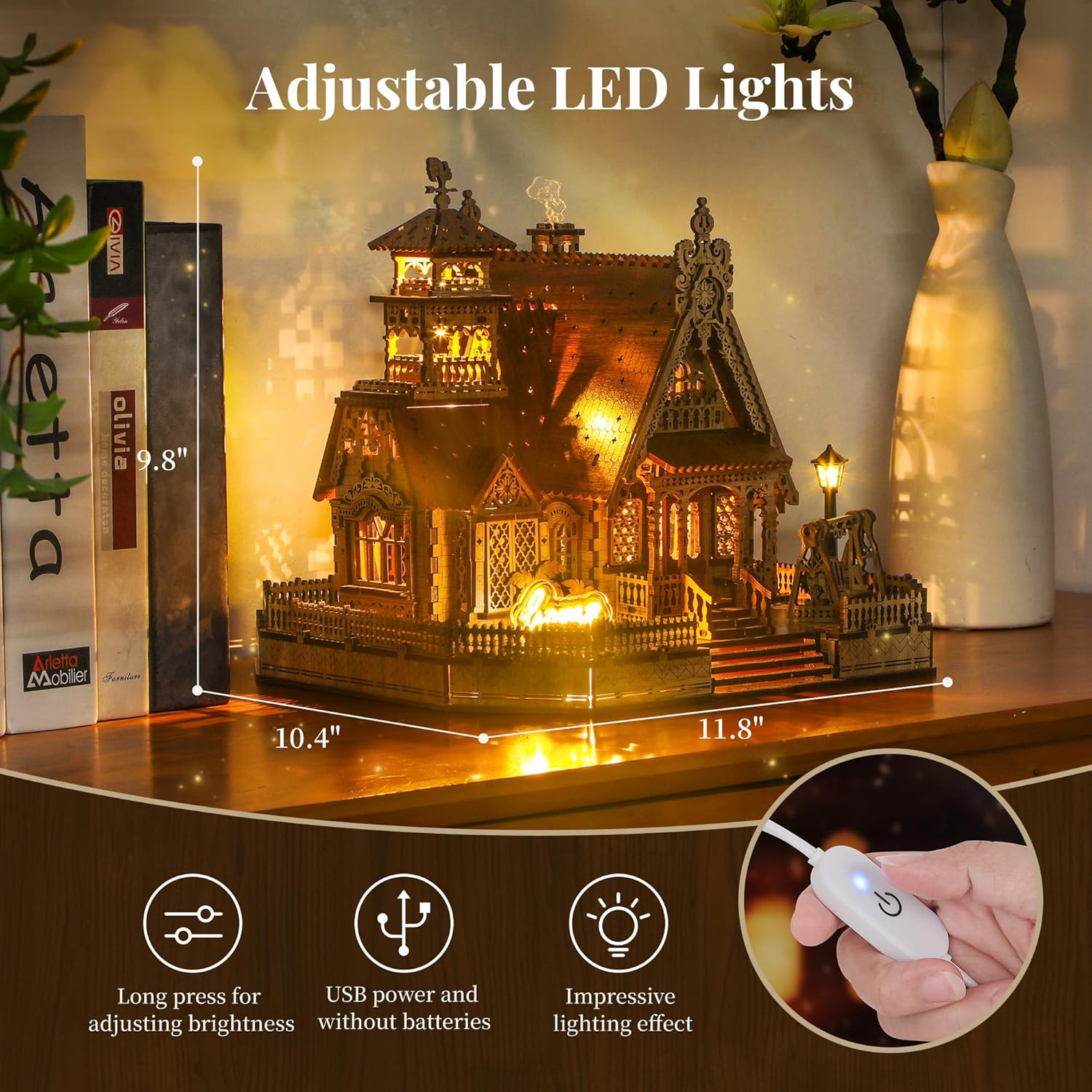 FUNPOLA LED 3D Wood Puzzle Countryside Cottage Model - DIY Miniature Building Kit with Spark LED Lights - 3D Craft Rural Architecture Home D&eacute;cor Adults