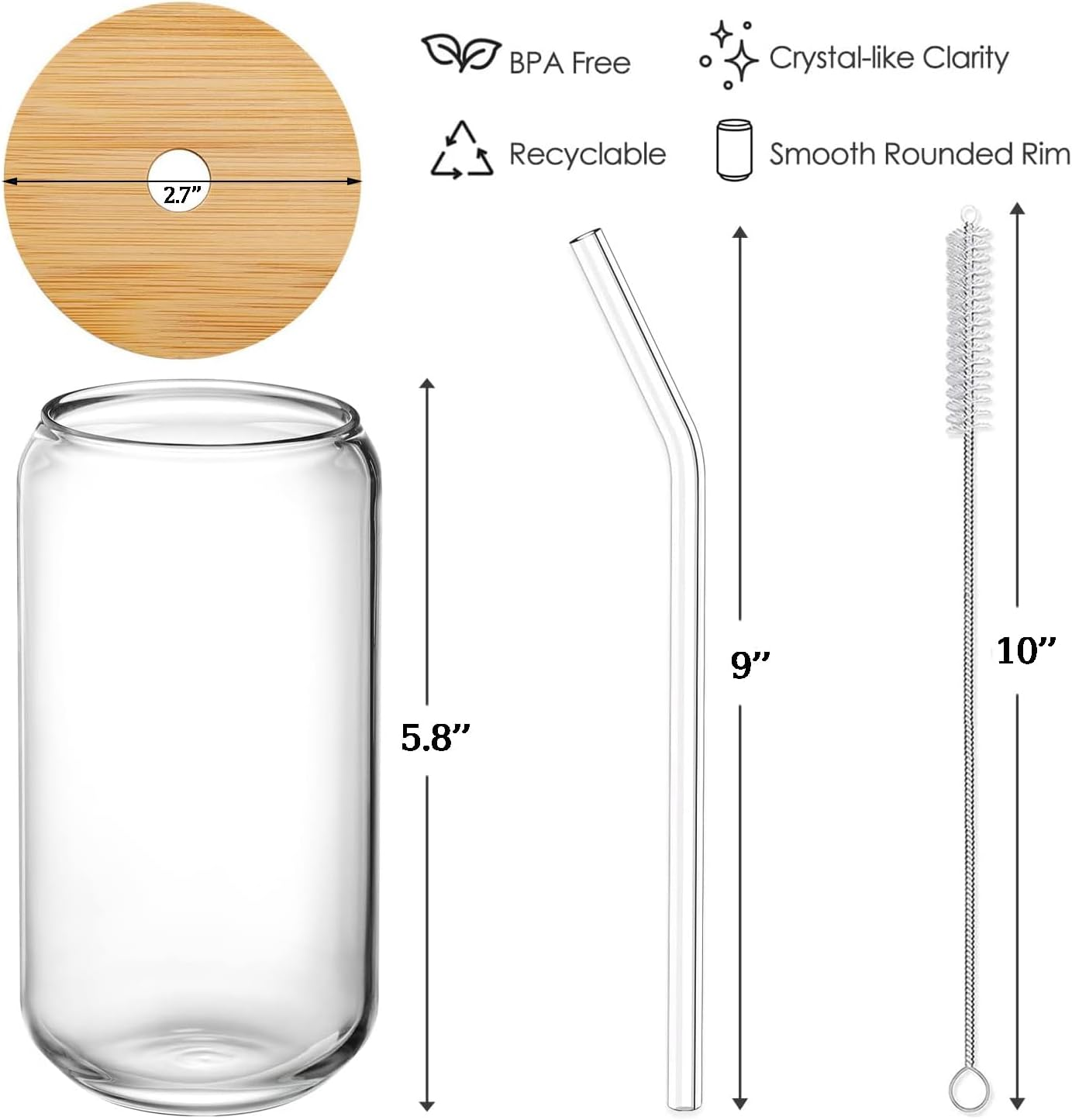 4 Set Glass Cups with Bamboo Lids and Straws, 16Oz Can Shaped Glass Cups, Iced Coffee Cup, Tumbler Cup Gift Set, Drinking Glassware, 2 Straws Brushes, 1 Cups Brushes image number 5