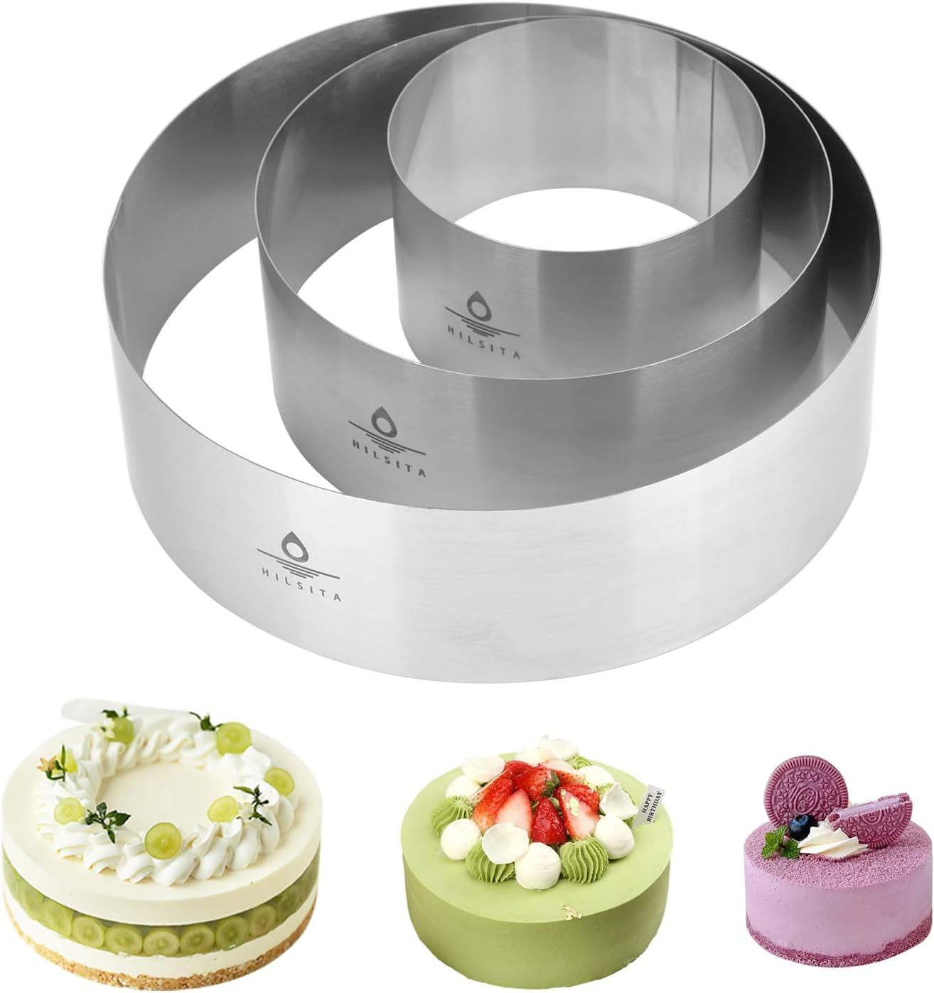 Hilsita 3Pcs Cake Molds for Baking, Stainless Steel Mousse Cake Rings, Mousse Ring Mold round for Bakeware Tools-4/6/8In (3.94''H) (2.36''H) image number 3