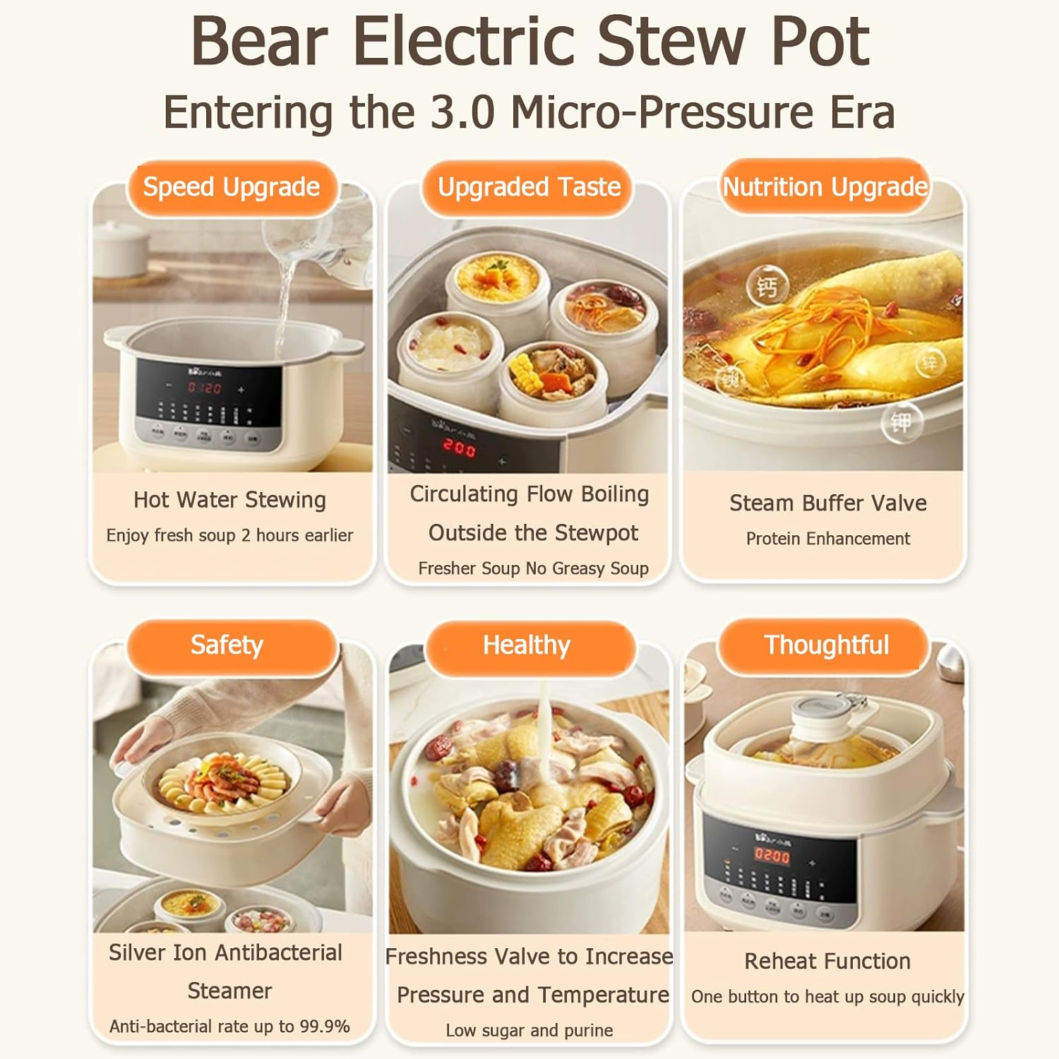 Bear Multi-Functional Electric Stew Pot, 4.1L Micro-Pressure Cooker with 24H Appointment & 8H Keep Warm, Ideal for Soup/Stew/Porridge (Chinese Panel)