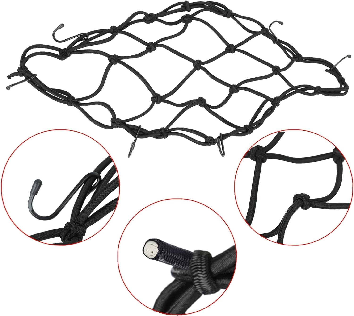 Motorcycle Cargo Net, 3 Pcs with Helmet Rubber Rope, 40Cm X 40Cm Elastic Bungee Net, Adjustable with Hooks for Motorbike, Bike, Roof, ATV image number 1