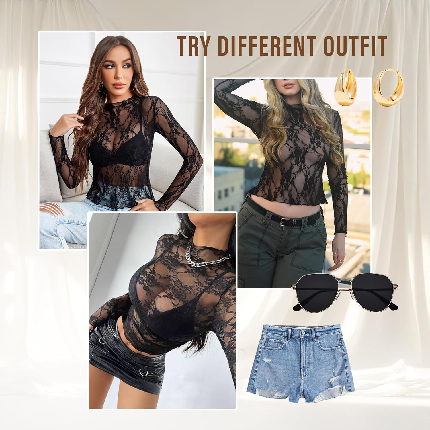 Mesh Tops for Women, Lace Tops for Women UK Sexy See through Shirts, Y2K Lace Top Layering Blouses