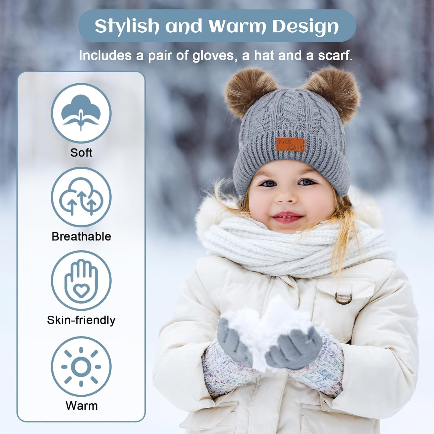 Kids Hat Scarf Gloves Set, 3 in 1 Winter Pom Pom Hat Scarf Gloves Set for Girls Boys, Thermal Knit Thick, Kids Winter Warm Beanie Hat Scarf Gloves Set for 1-5 Toddler Outdoor Activities image number 6