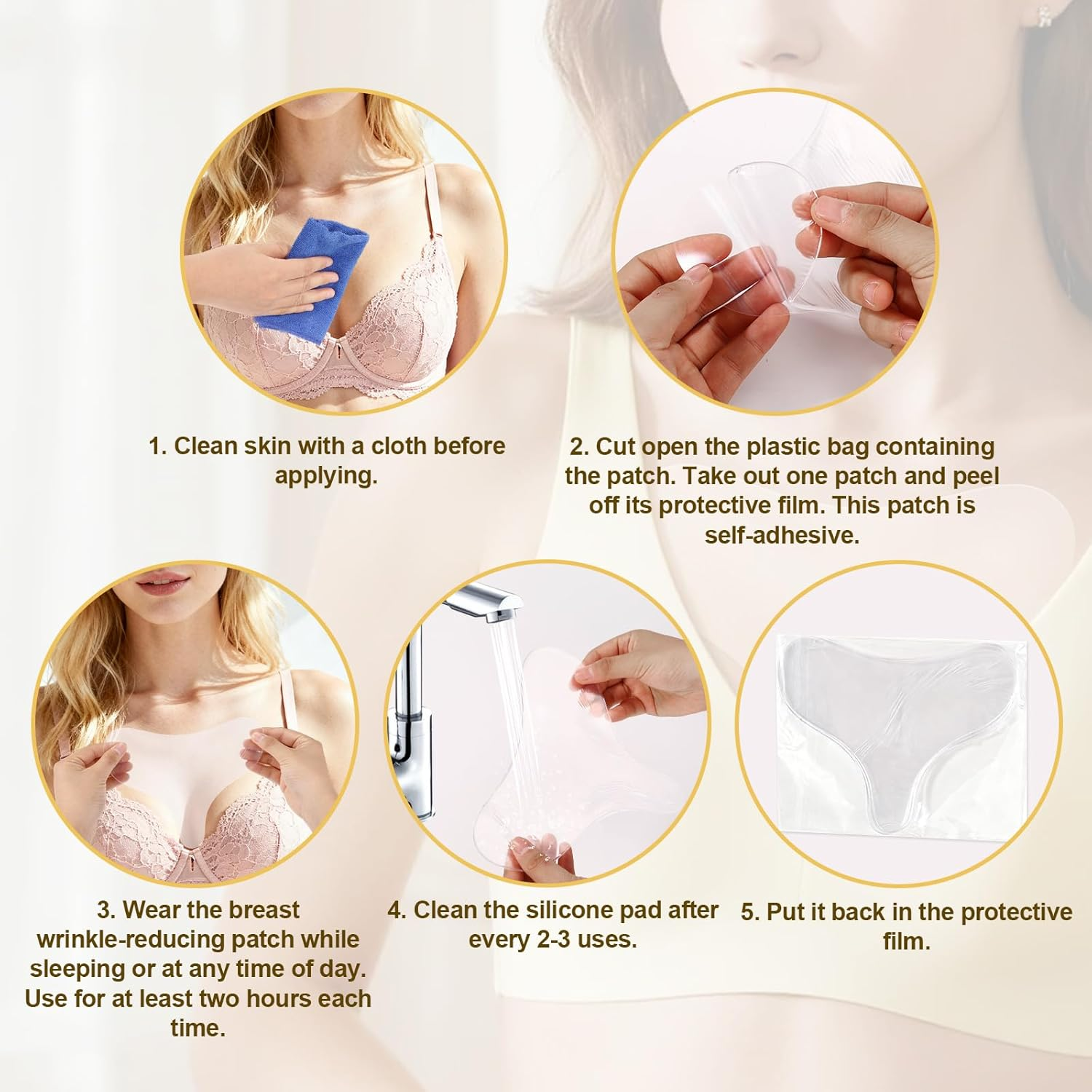 4Pcs Chest Wrinkle Pads, Silicone Reusable Decollete & Cleavage anti Wrinkle Patches for Overnight Use Gentle Skincare Silicone Patches for Women