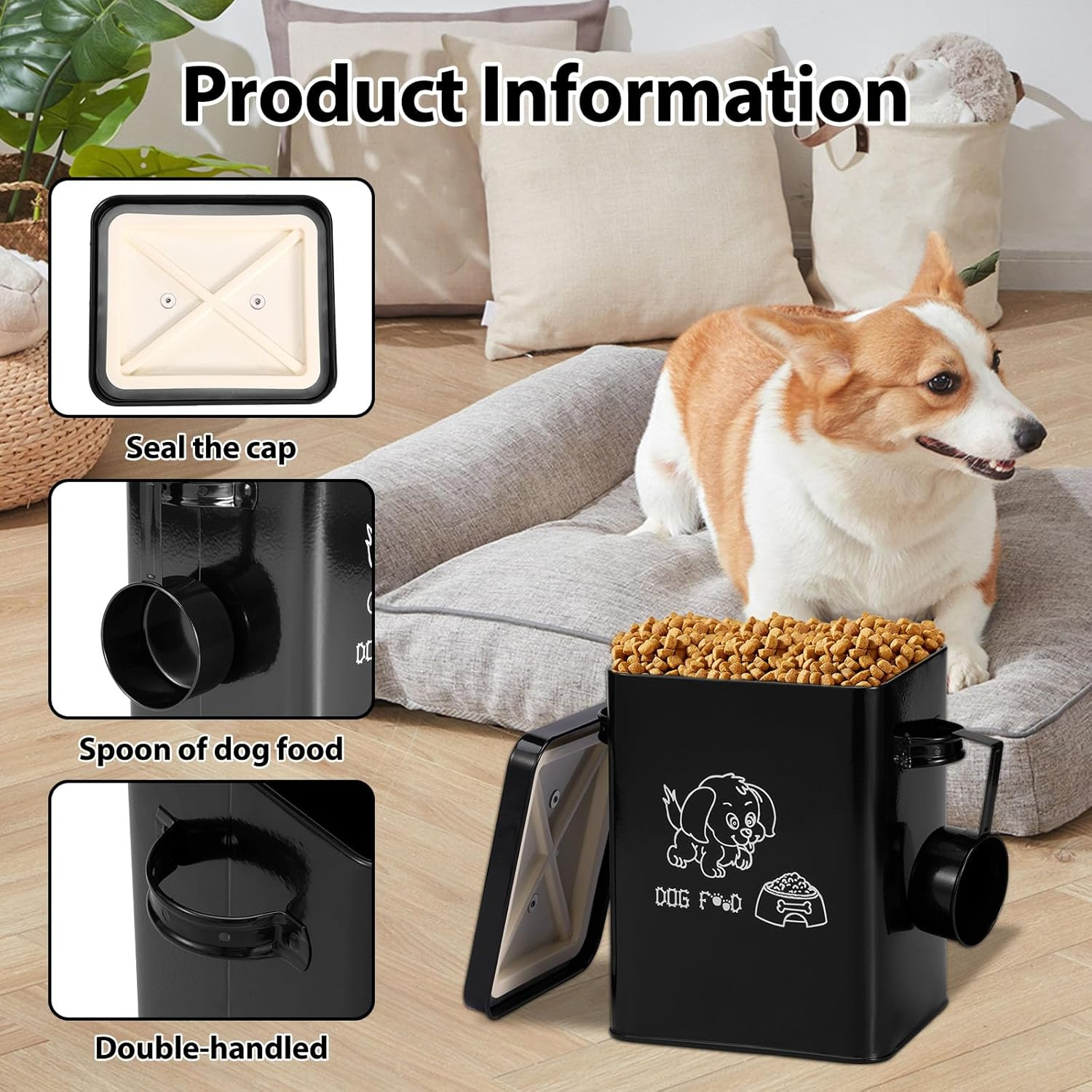 Fwqofvk Dog Food Storage Container, Metal Cat Food Storage Container, Good Sealing Square Dog Can with Lid and Spoon, Pet Chow Storage Canister Tin for Home 18&times;15.5&times;23Cm Black image number 4
