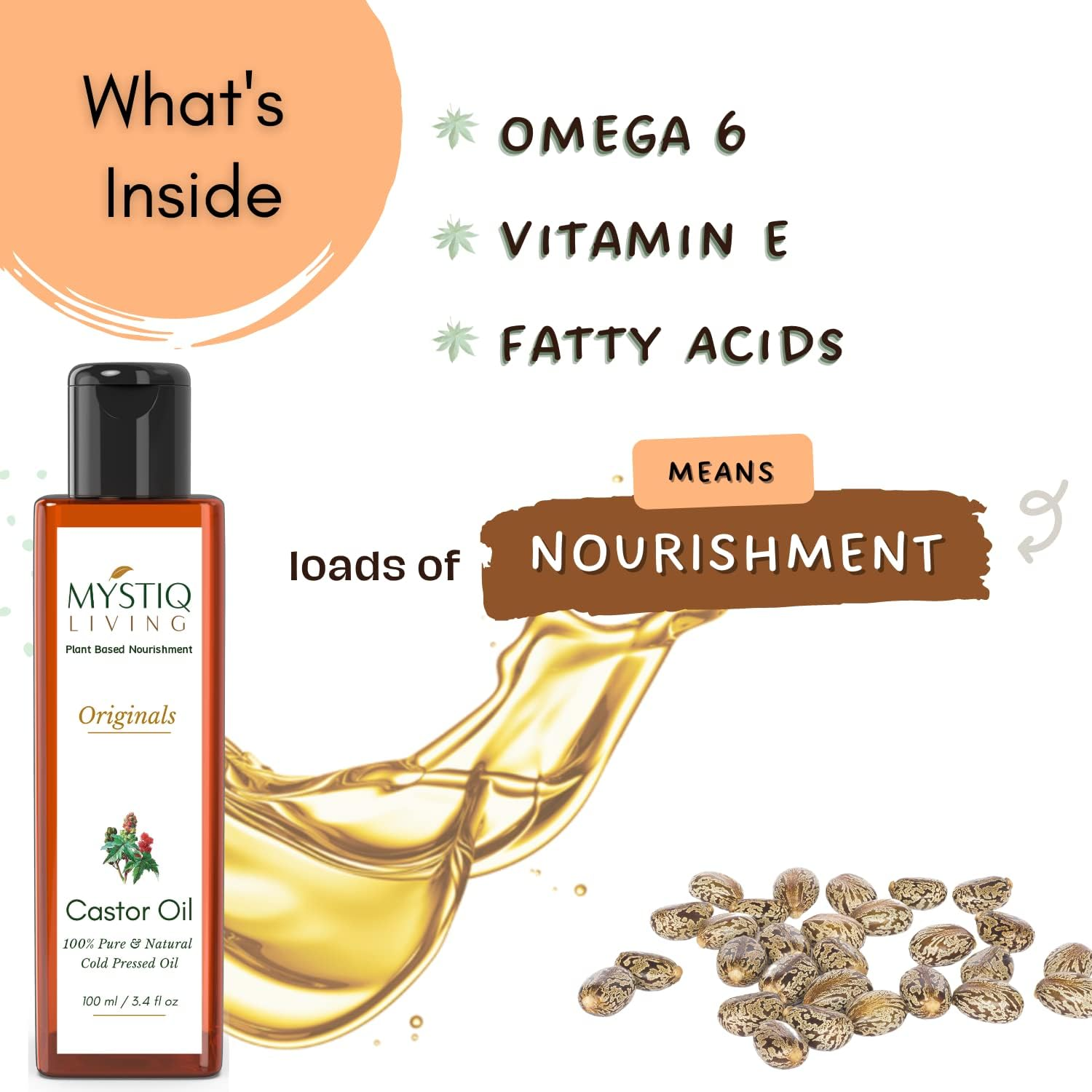 Mystiq Living Originals - Castor Oil, 100ML | Cold Pressed, 100% Pure & Natural | Hair Growth, Skin Care, Moisturising Dry Skin, Nails, Eyelashes - Virgin Grade image number 4