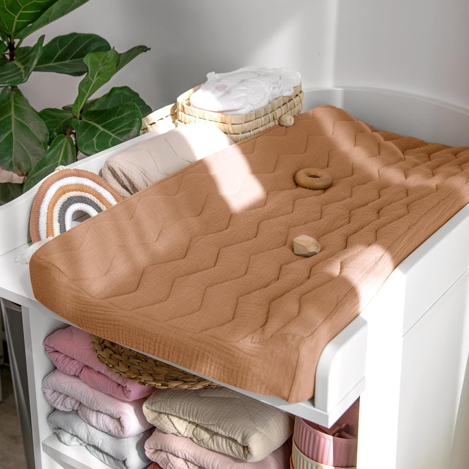 Lulumoon Muslin Changing Pad Cover: Baby Cotton Quilted Changing Table Cover - Soft Changing Pad Sheets for Boys Girls - Beige  Caramel image number 1