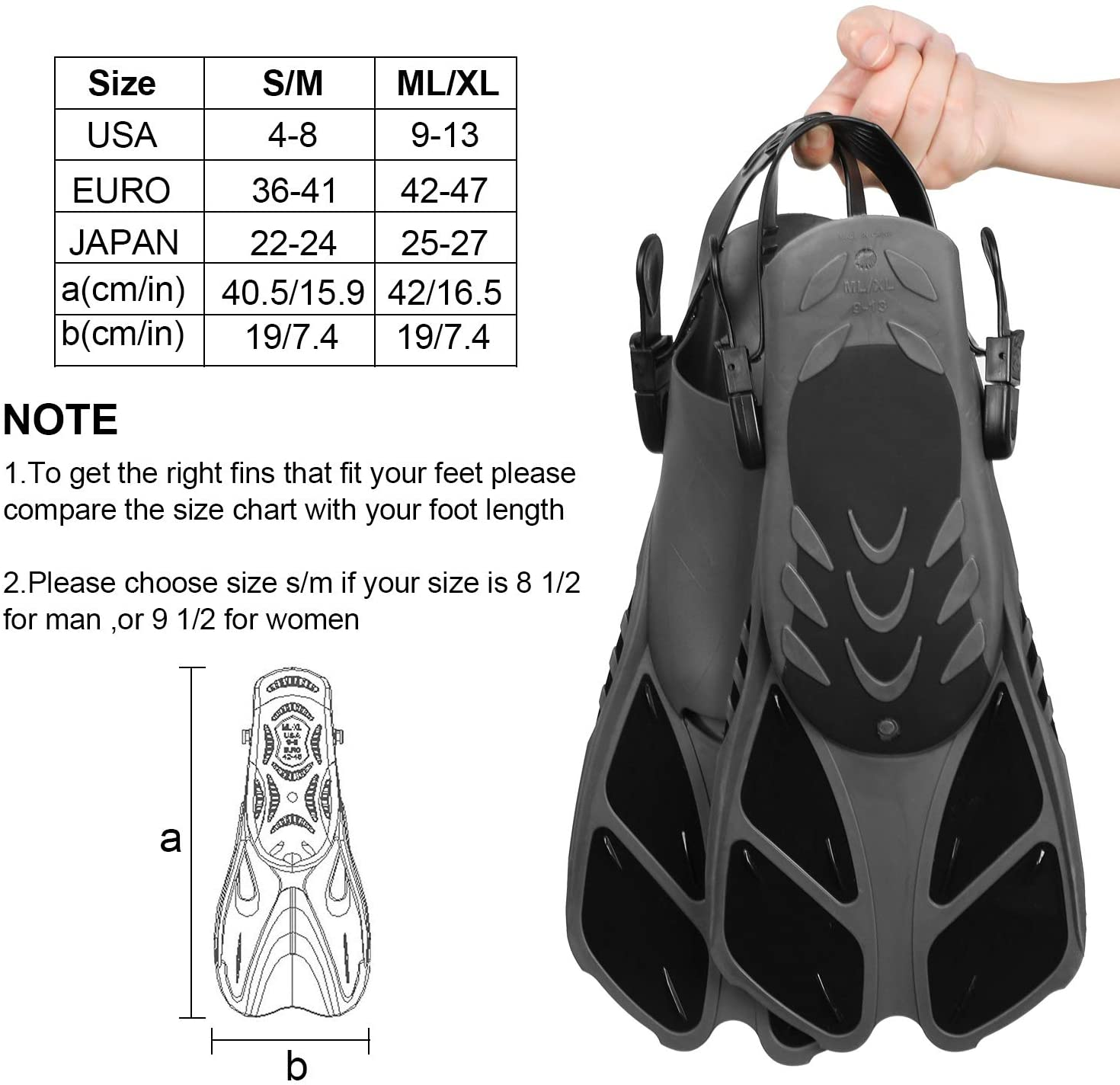 Oumers Snorkel Fins, Travel Size Adjustable Strap Diving Flippers with Mesh Bag and Extra Buckle Connector for Men Women Snorkeling Diving Swimming image number 1