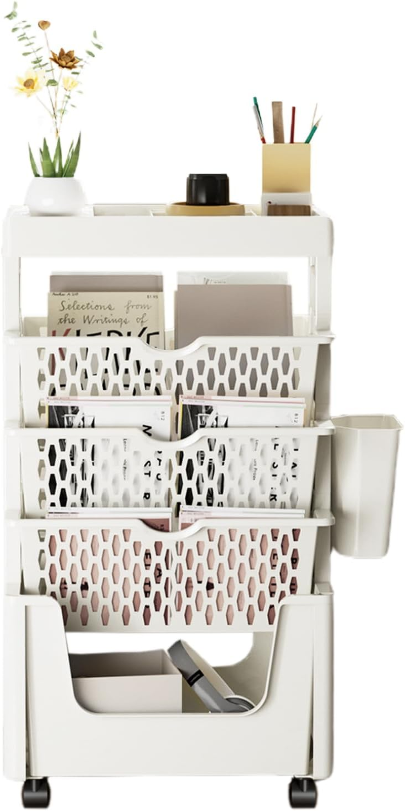 Uandhome 5 Tier Book Rack Storage Bookshelf, Removable Movable Unique Bookcase, Utility Organizer White Bookshelves Cart with Wheels for Students Study in Living Room Home Classroom School image number 2