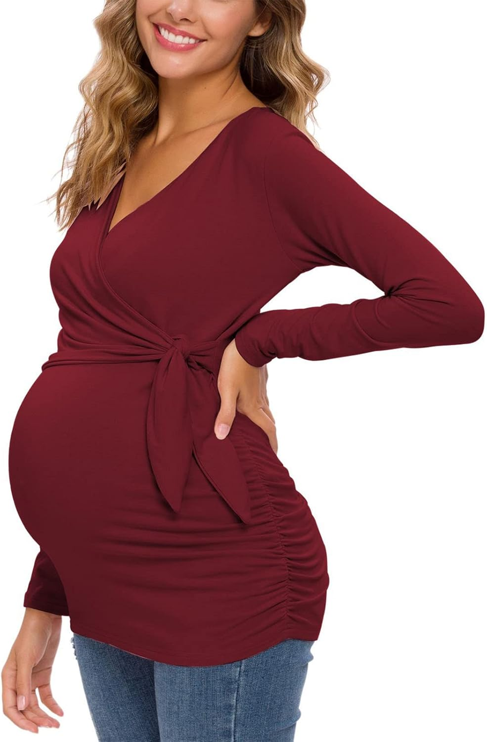 Glampunch Women'S Maternity Shirts Short & Long Sleeve Tie Front Wrap Maternity Tops