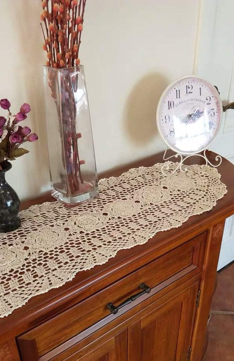 Janef Beige Handmade Crochet Cotton Table Runner Lace Doilies Doily Oval Dresser Scarves,11.8 by 35 Inches. image number 5