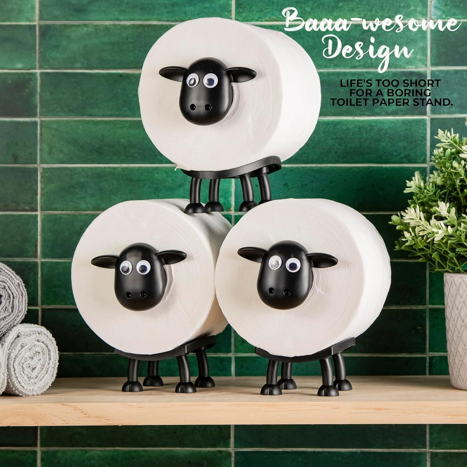 VELENTI Sheep Toilet Roll Holder - Funny Toilet Paper Holder Free Standing Bathroom Set - 3D Printed Black Sheep Loo Roll Holder - Hilarious Tissue Paper Roll Storage - Cute Bathroom Decor - Set of 3 image number 1