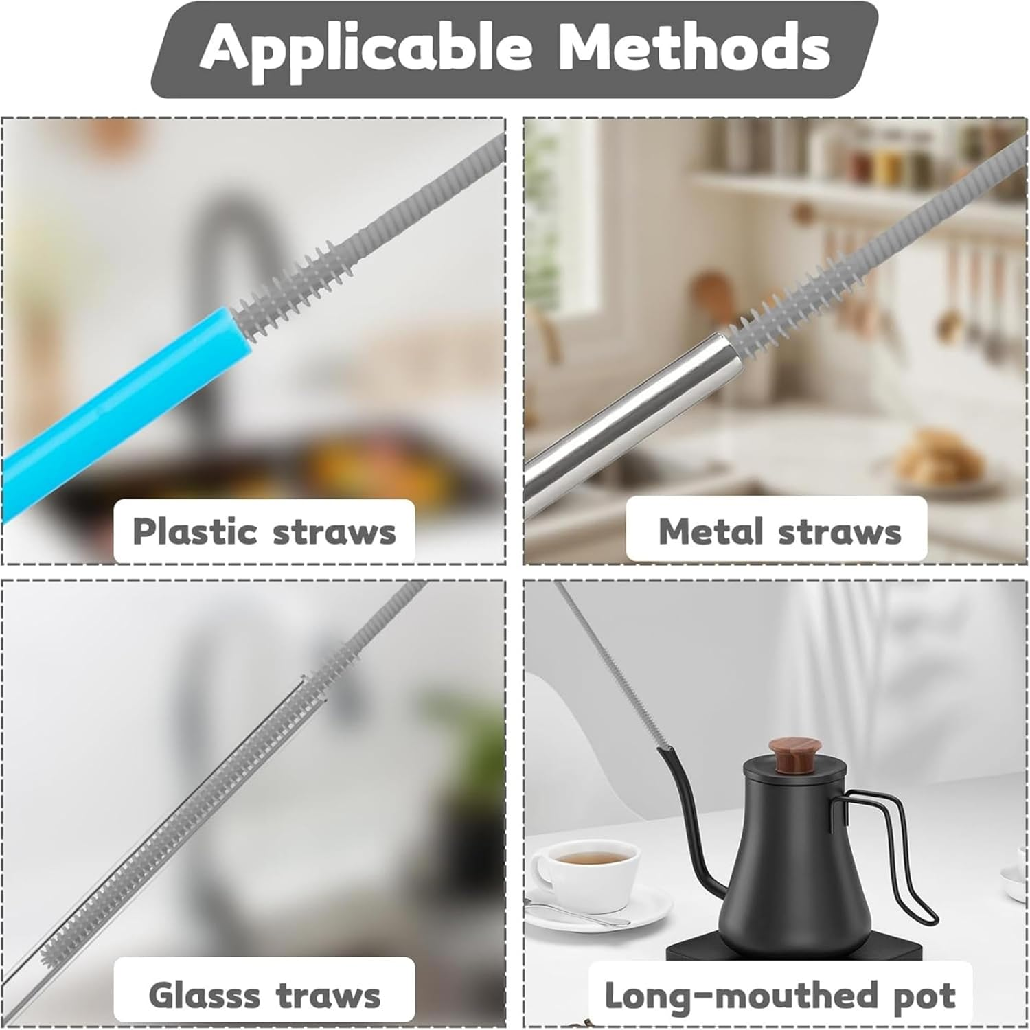 Silicone Straw & Bottle Cleaning Brushes 2-Pack(9Mm and 6Mm) Grey Food-Grade Long Handle Cleaner Set,Narrow Gap Bottle Brush for Reusable Straws Kitchen Essential