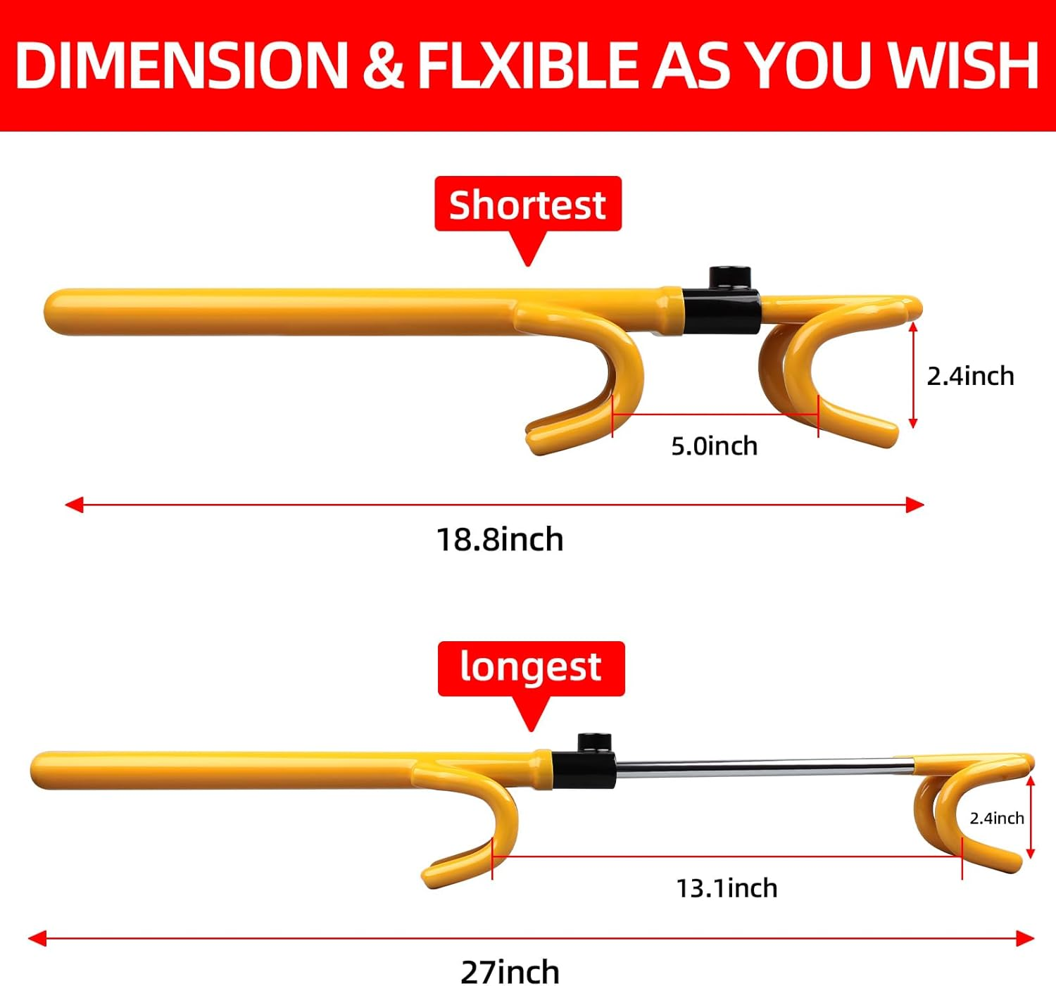 NOEAIKE Steering Wheel Lock,Heavy Duty Anti-Theft Car Device with Double Hooks Design for Enhanced Vehicle Protection,Adjustable Length Locking with 2 Keys Universal Fit (Yellow) - Black image number 3