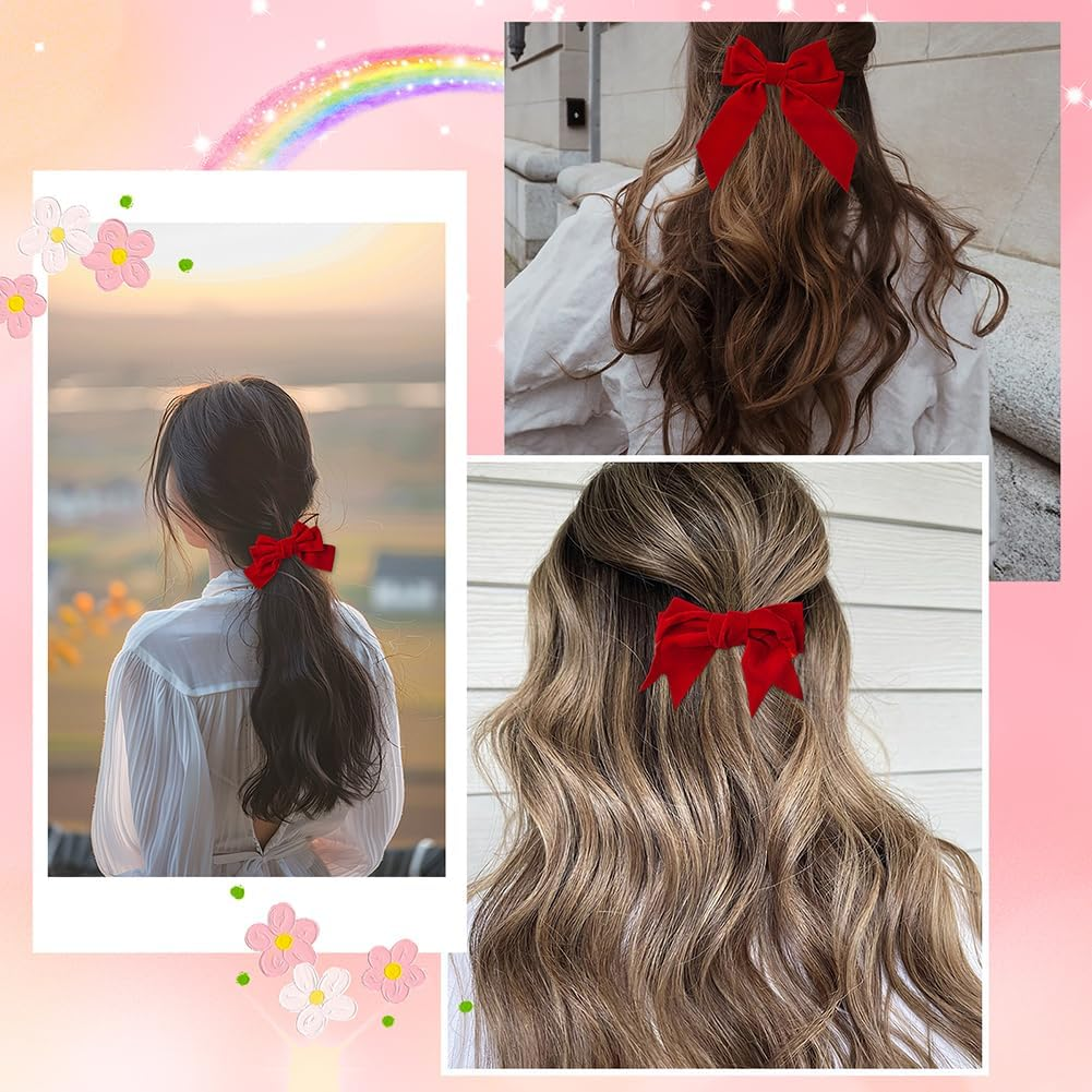 SOFPLATE 1 Box 8 Styles 26 Pieces Coquette Hair Clips with Bow Red Coquette Bows Soft Silky Ribbon Cute Aesthetic Bow Clips for Women Gifts Party Wedding Home Daily Hair image number 2