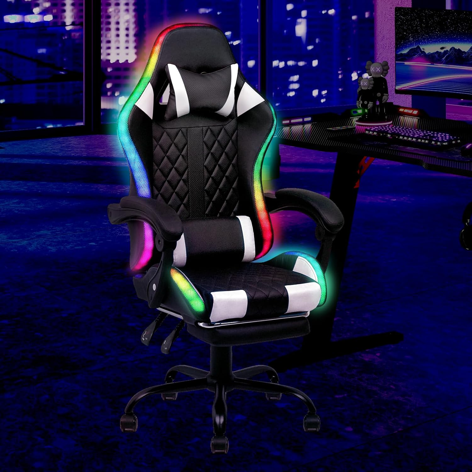 Advwin Gaming Chair with Massagers and LED Lights, Executive Office Chair with 135&deg; Recline, Racing Computer Chair with Footrest, Lumbar Support, Adjustable Height and High Back (Black & Blue)