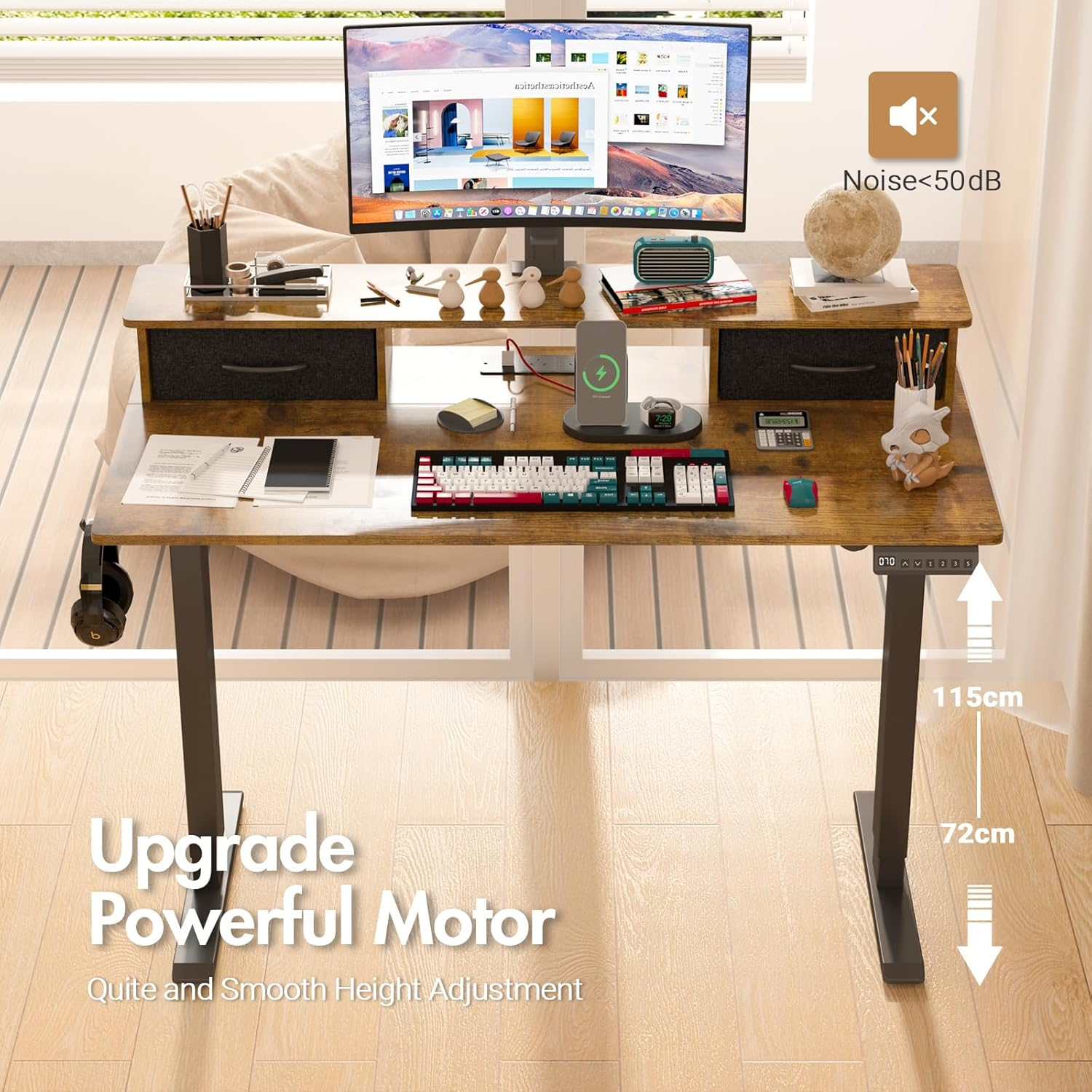 ADVWIN Electric Standing Desk with 2 Drawers, Adjustable Height Sit Stand up Desk with Storage Shelf, 120Cm Splice Board Walnut - Walnut Color image number 2