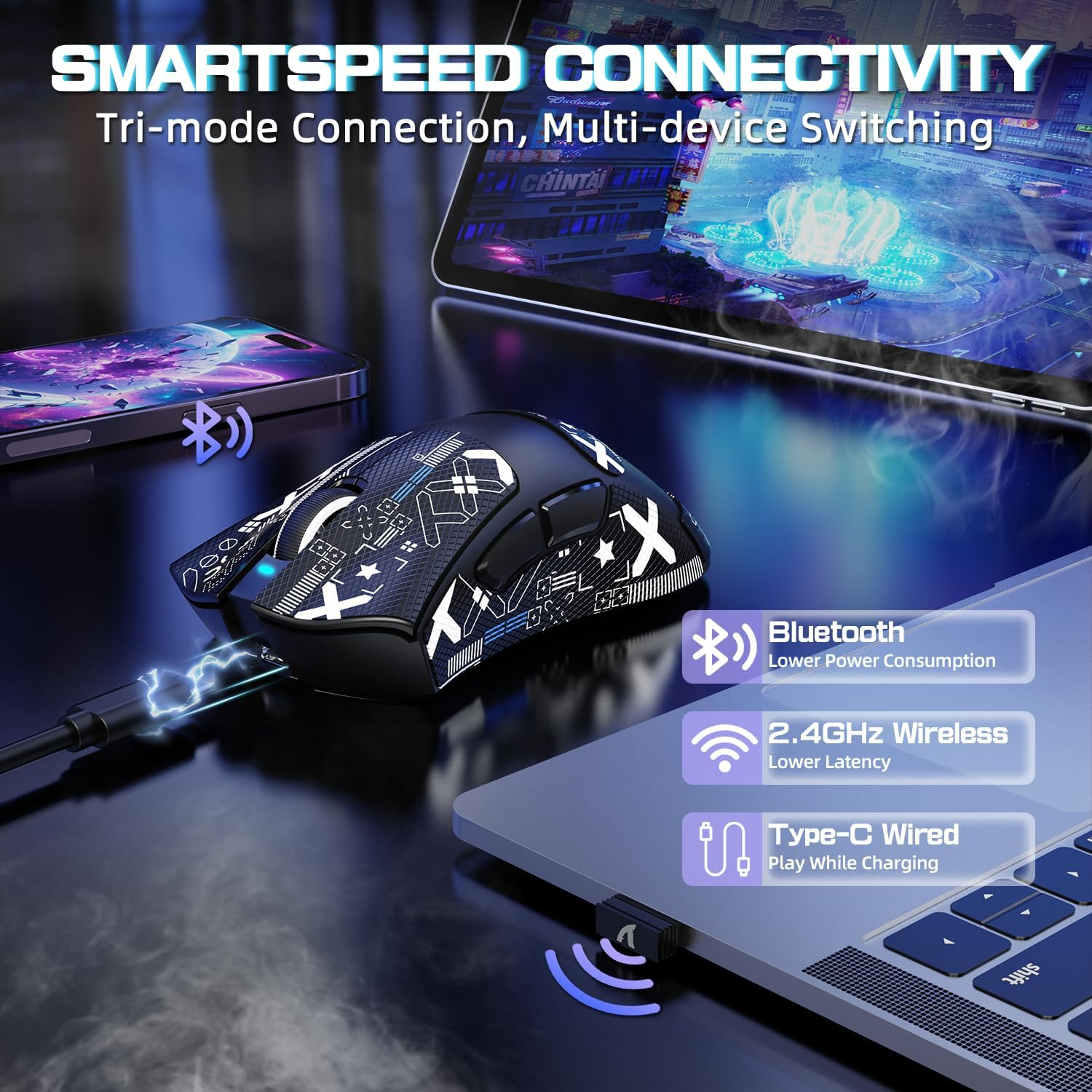 ATTACK SHARK V3Pro Wireless Esports Gaming Mouse with Magnetic Charging Dock:62G Lightweight-1K Polling-25K DPI-PAW3311 Sensor,Wired/Bt/2.4Ghz Programmable,Bk52820 IC for PC Laptop Gamer(Black+Tape)