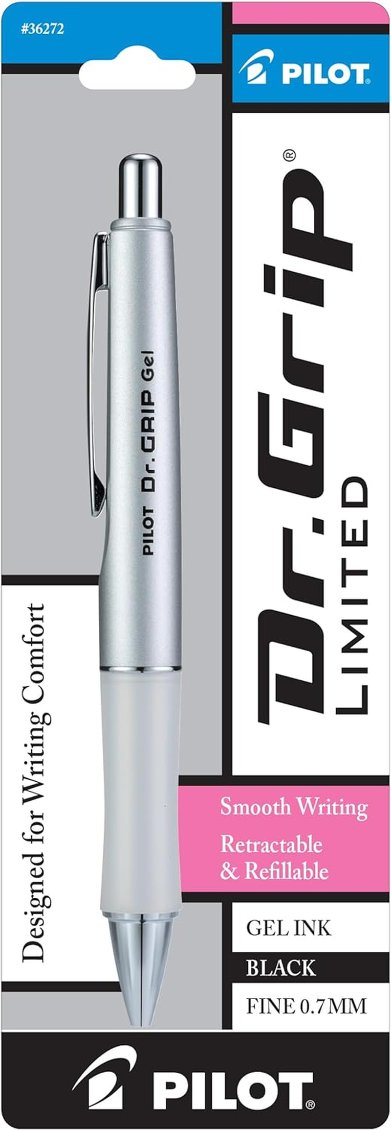 PILOT Dr. Grip Limited Refillable & Retractable Gel Ink Rolling Ball Pen, Fine Point, Metallic Charcoal Gray Barrel, Black Ink, Single Pen (36270) - Blue Barrel image number 4