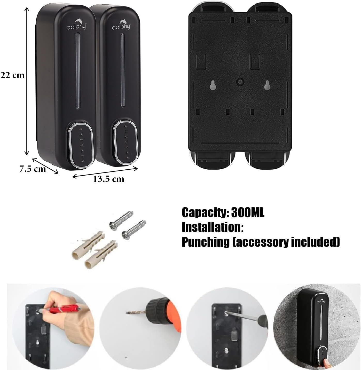 Dolphy 2-Pack Wall Mount Soap Dispenser | 300Ml Each | Black ABS Plastic | Manual | for Liquid Soap, Shampoo, Conditioner, Lotion | Easy Refill | Bathrooms & Kitchens image number 5