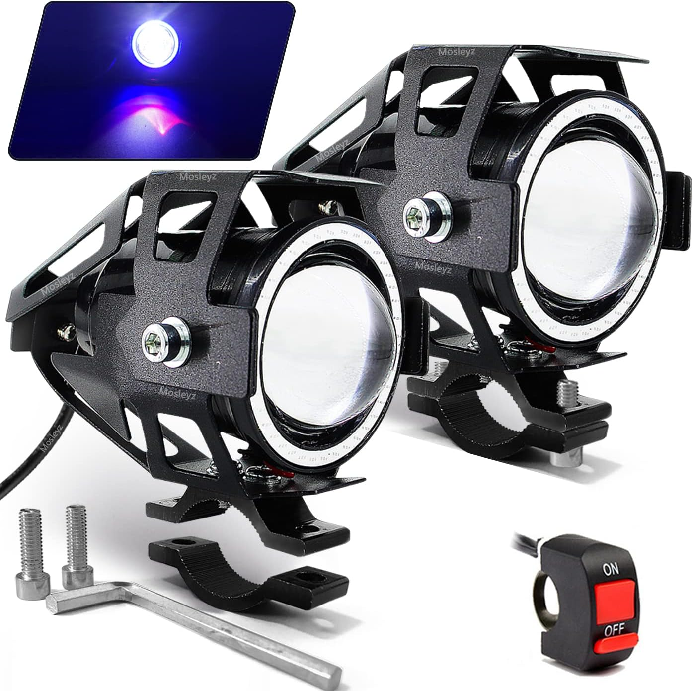 Motorcycle LED Fog Lights U7 Spotlight Daytime Running Lights with Green Angel Eyes Halo Ring and Switch 2-Sets