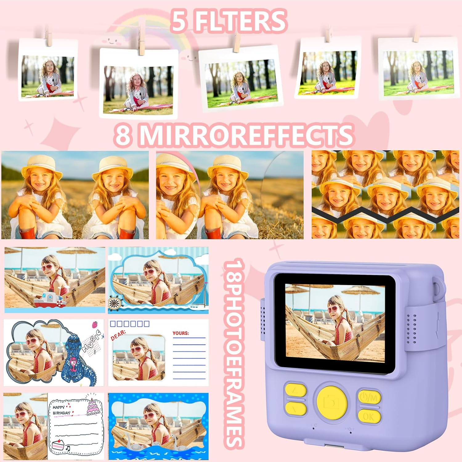 Instant Print Camera for Kids,Christmas Birthday Gifts for Age 3-12 Girls Boys，1080P HD Digital Video Cameras for Toddler,Kids Portable Toy with 3 Rolls Photo Paper，32Gb Card-Purple image number 3