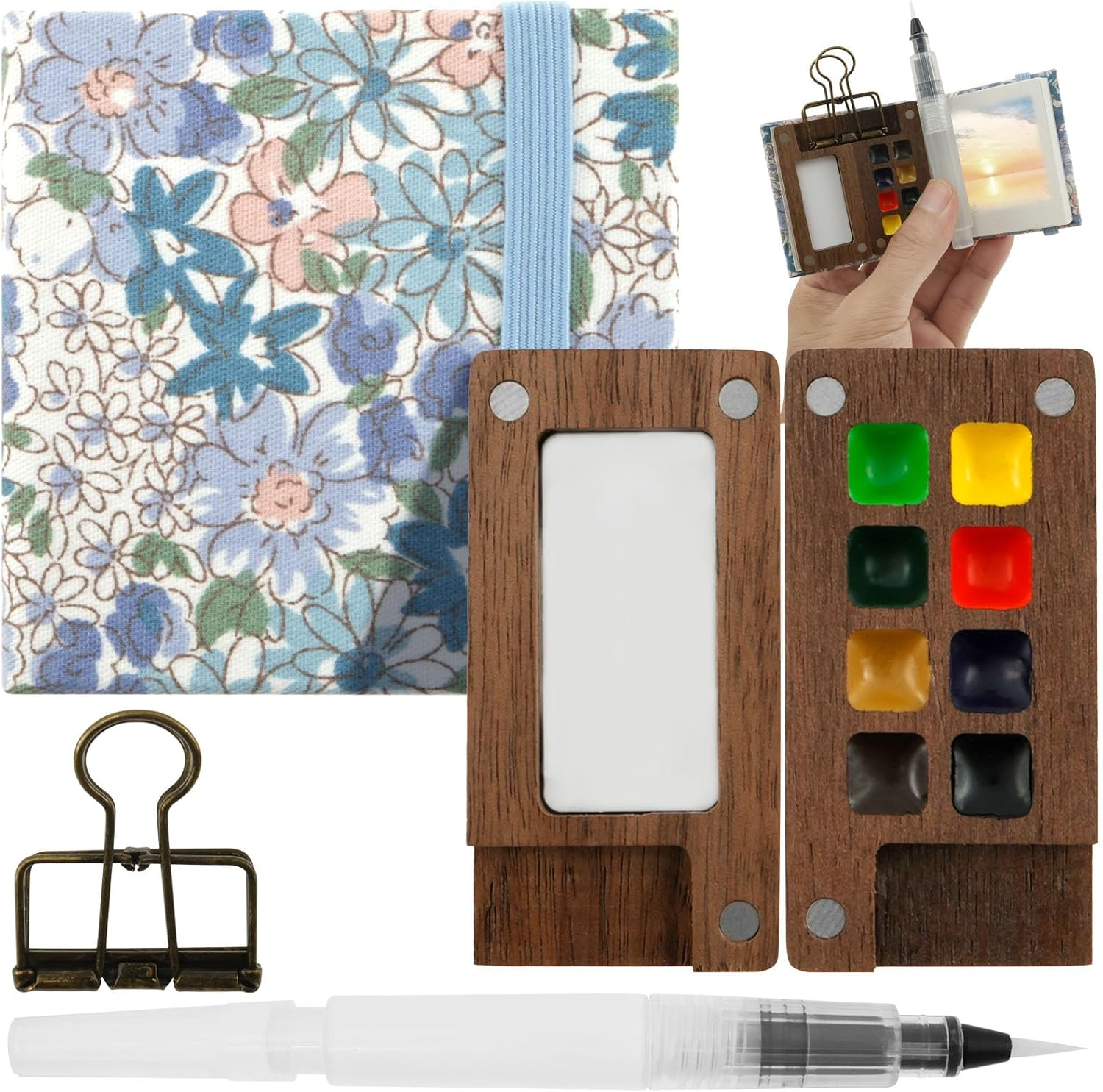 Portable Watercolor Palette Set, Pocket Artist Watercolor Travel Set, 8 Grids Mini Travel Paint Palette Set with Clip Tiny, Mini Watercolor Paint Set for Painters Students Artists Drawing