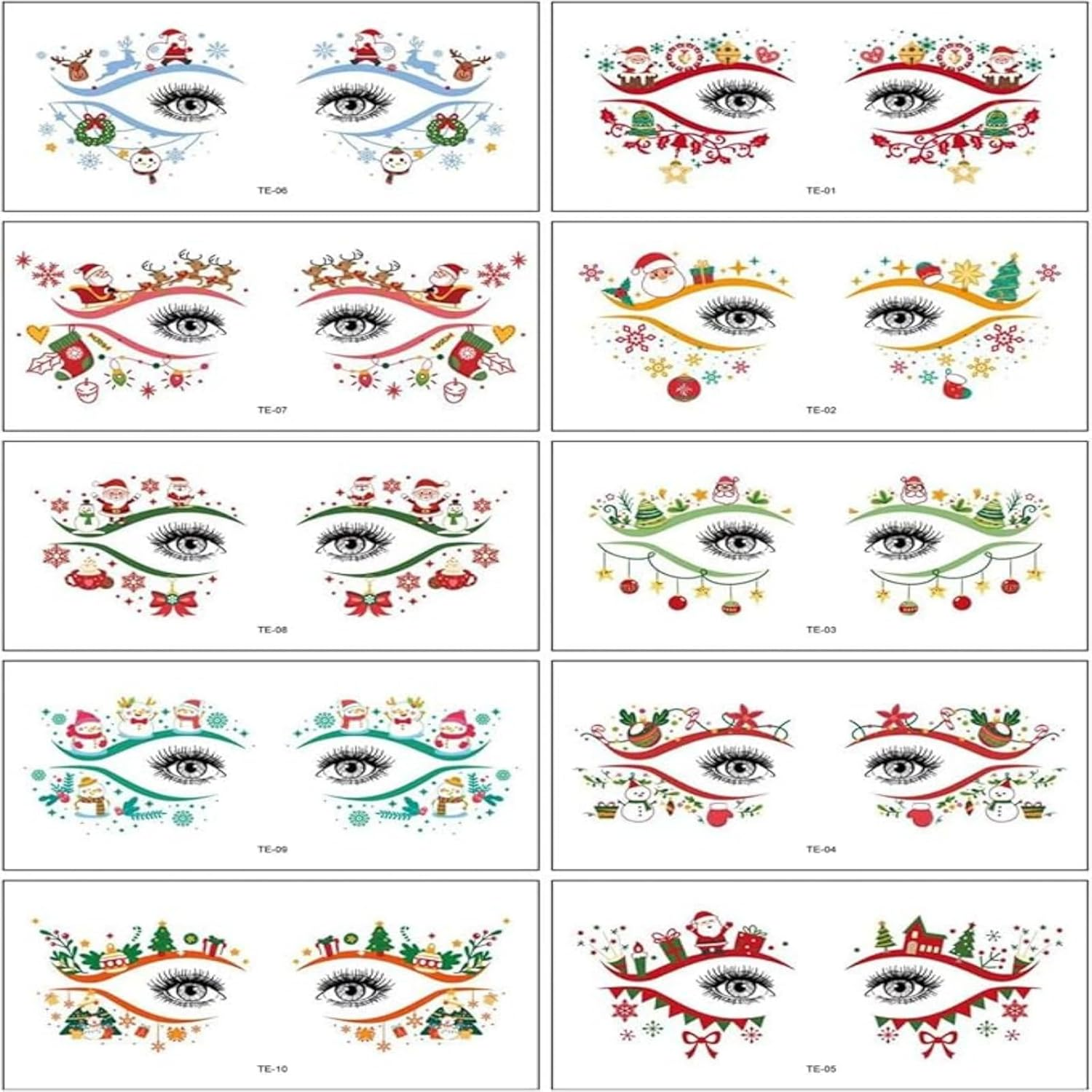 Itadaku 10 PCS Christmas Colored Eyeliner Tattoo Stickers, Temporary Eye Tattoos with Santa, Elk, Snowman & Tree Designs, Festive Makeup for Women, Ideal for Holiday Costume Parties & Decorations image number 1