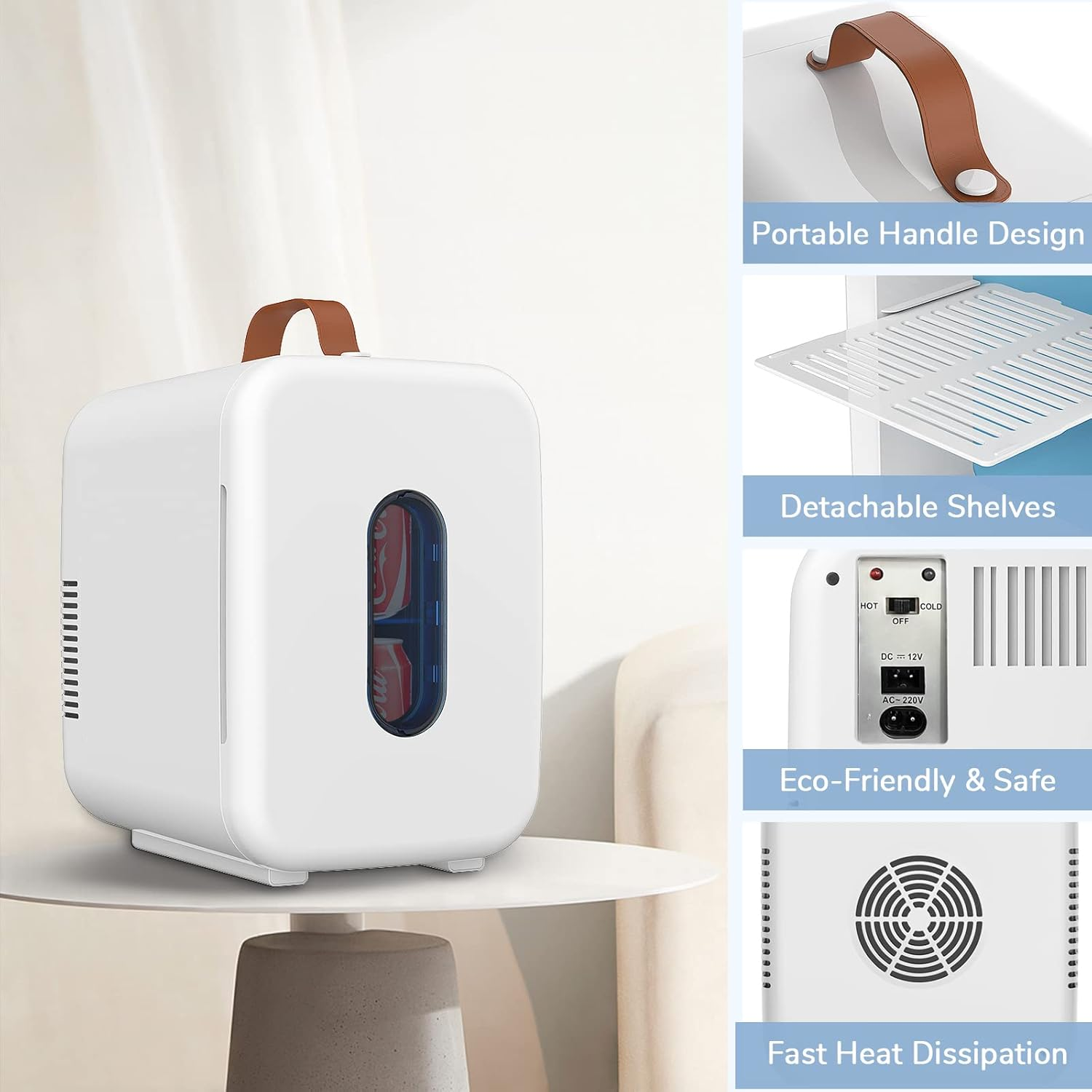 ADVWIN Mini Fridge, 10L Portable Mini Refrigerator Personal Small Fridge Cooler, 12V Compact Car Refrigerator, White image number 4