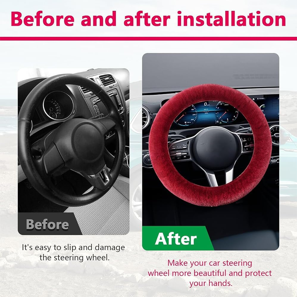 Car Steering Wheel Cover, Fluffy Soft Fur Wheel Protector for Warm Winter, 15'' Anti-Slip Steering Wheel Covers, Universal Vehicle Interior Accessories for Men Women Unique Fashion(Wine Red) image number 2