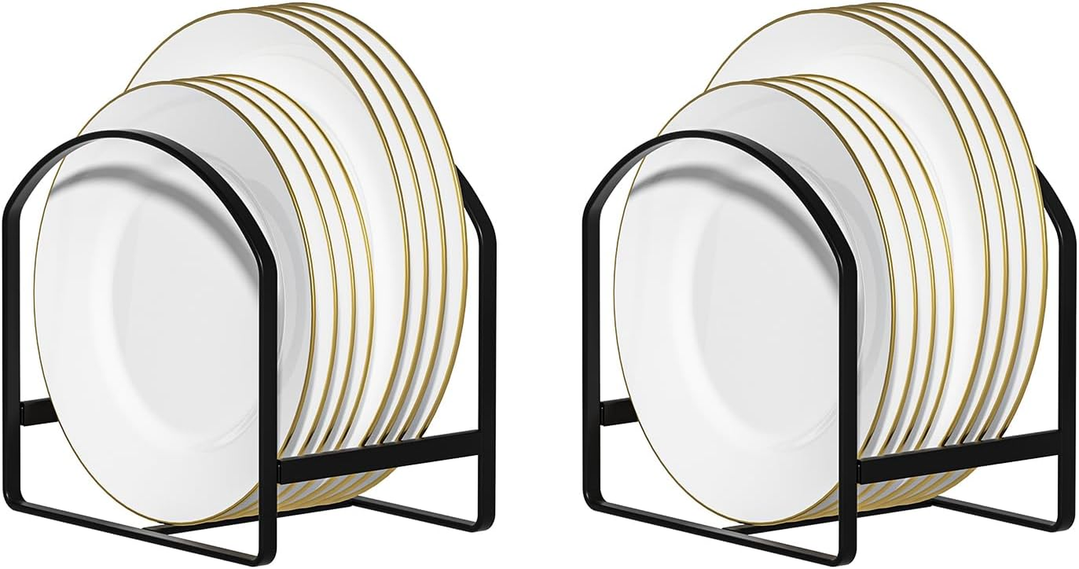4 Pack Kitchen Plate Holder Organizer for Cabinet Space Saver Dinner Dish Plate Storage Rack Upright Dish Drying Racks Metal Dish Racks Stand for Cupboard and Countertop 2 Large 2 Small Black