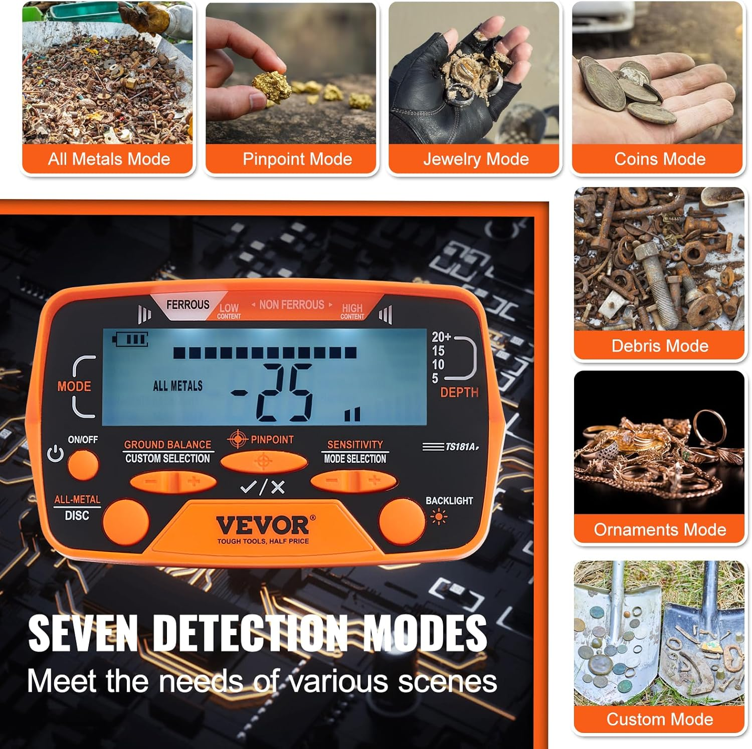 VEVOR Metal Detector for Adults&Kids, 250Mm, Professional Adjustable Higher Accuracy Gold Detector, IP68 Waterproof Coil with LCD Display 7 Modes Advanced DSP Chip, for Detecting Gold Treasure Hunting image number 1