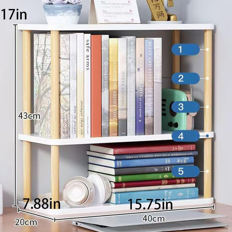 Hbluefat Desktop Organizer Shelf, 2-Tier Solid Wood Adjustable Bookshelf Storage Rack, Small Countertop Bookcase Display Shelf for Home Office (White) - White image number 1