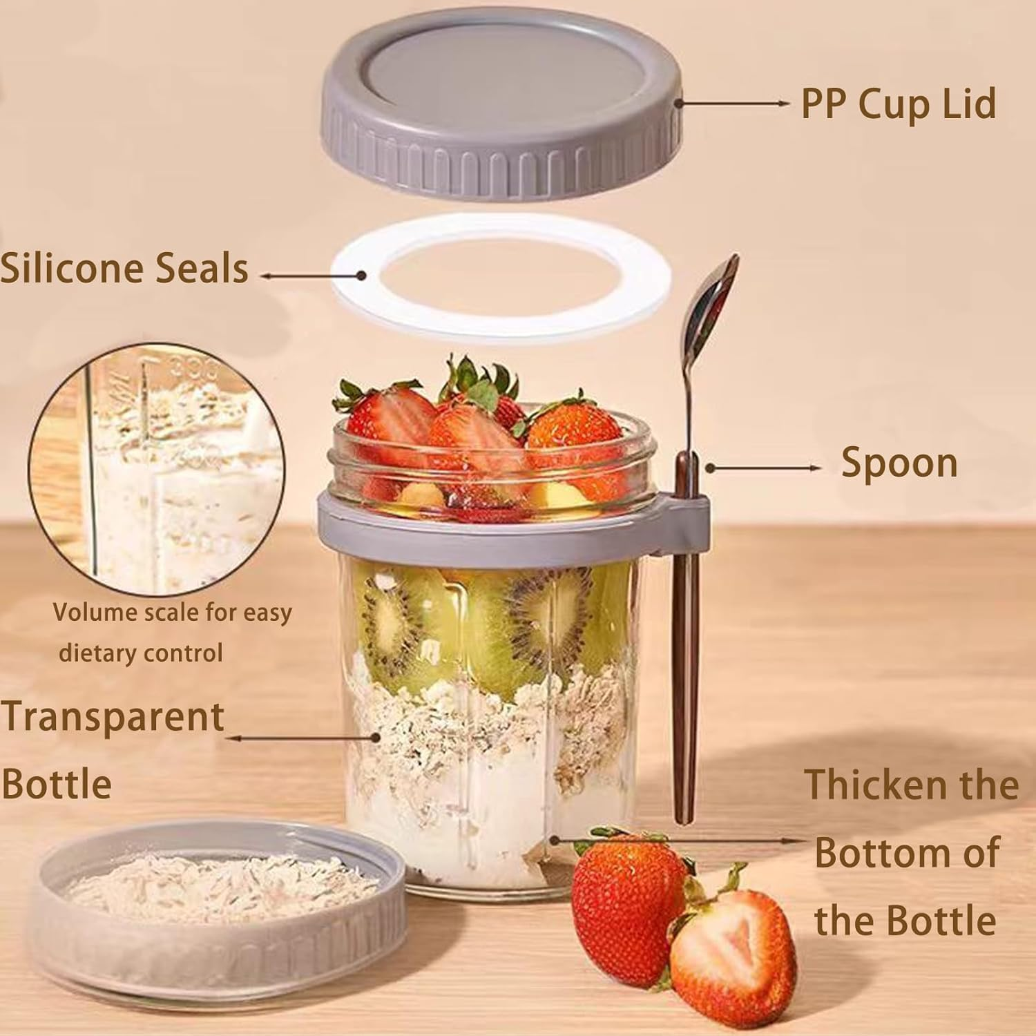 6 Pack Overnight Oats Containers with Lids, Wide Mouth Mason Salad Jars with Lids and Spoons, Glass Food Storage Containers for Yogurt Spice Snacks Sugar Reusable Jars image number 3