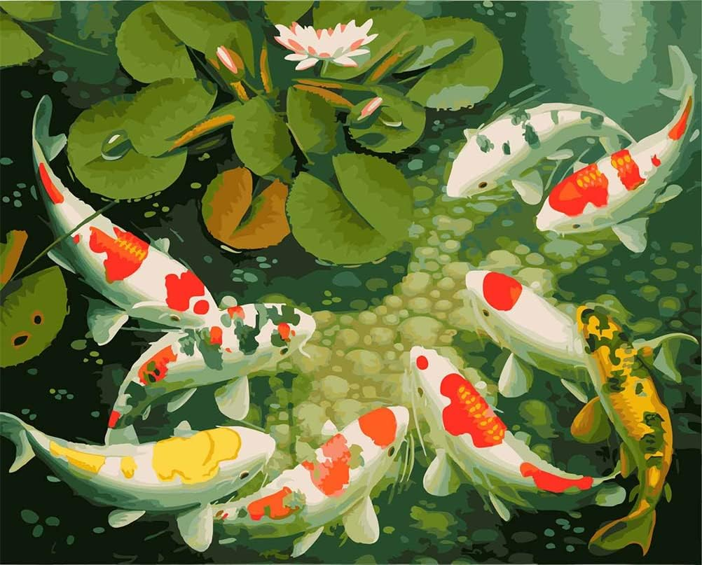 Meecaa Paint by Numbers Fish Goldfish Animal Lotus Kit for Adults Beginner DIY Oil Painting 16X20 Inch (Fish, No Frame)