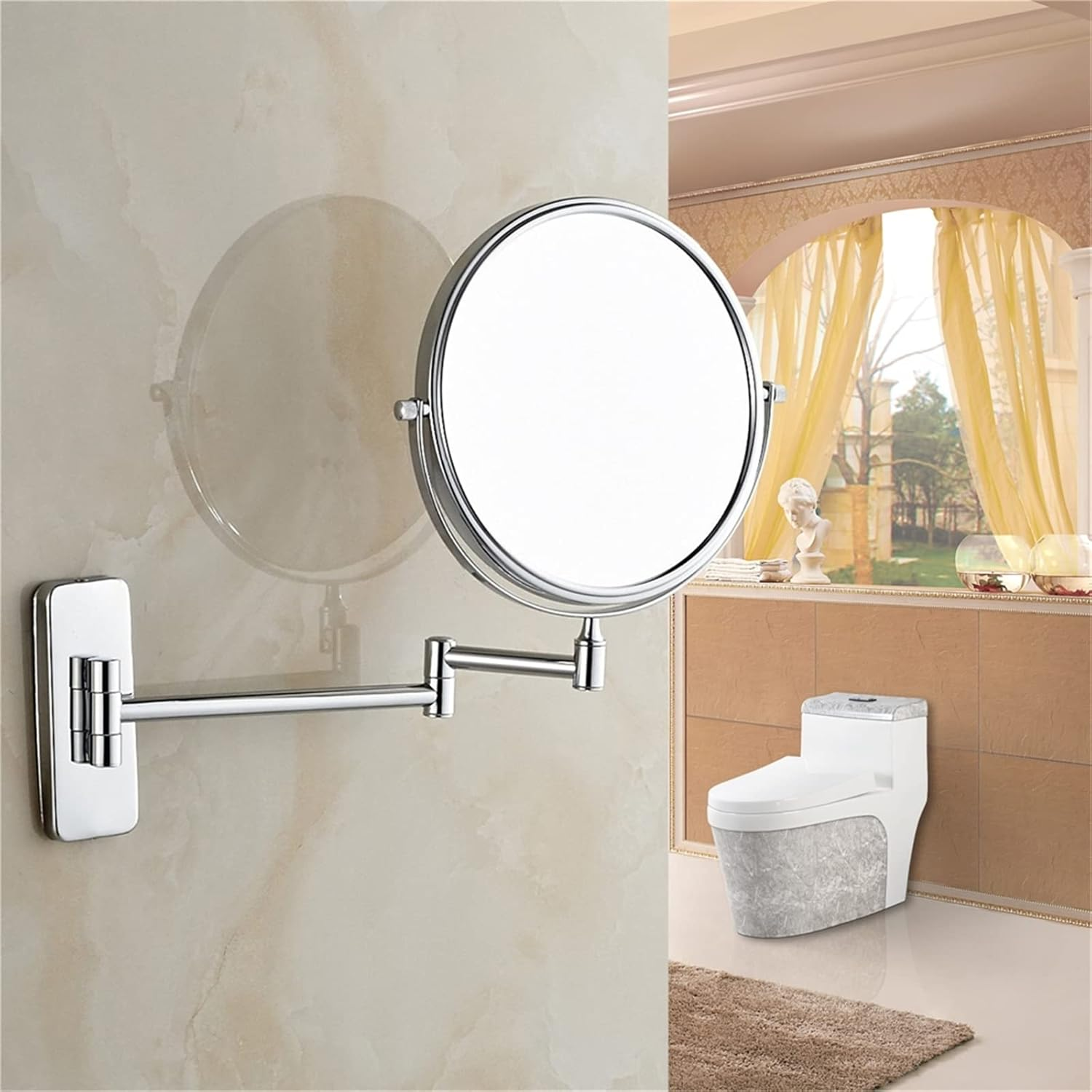 8" Wall Mounted Makeup Mirror with Magnification, Double Sided Magnifying Mirror, Extendable Cosmetic Vanity Mirror for Bathroom,Chrome,7X
