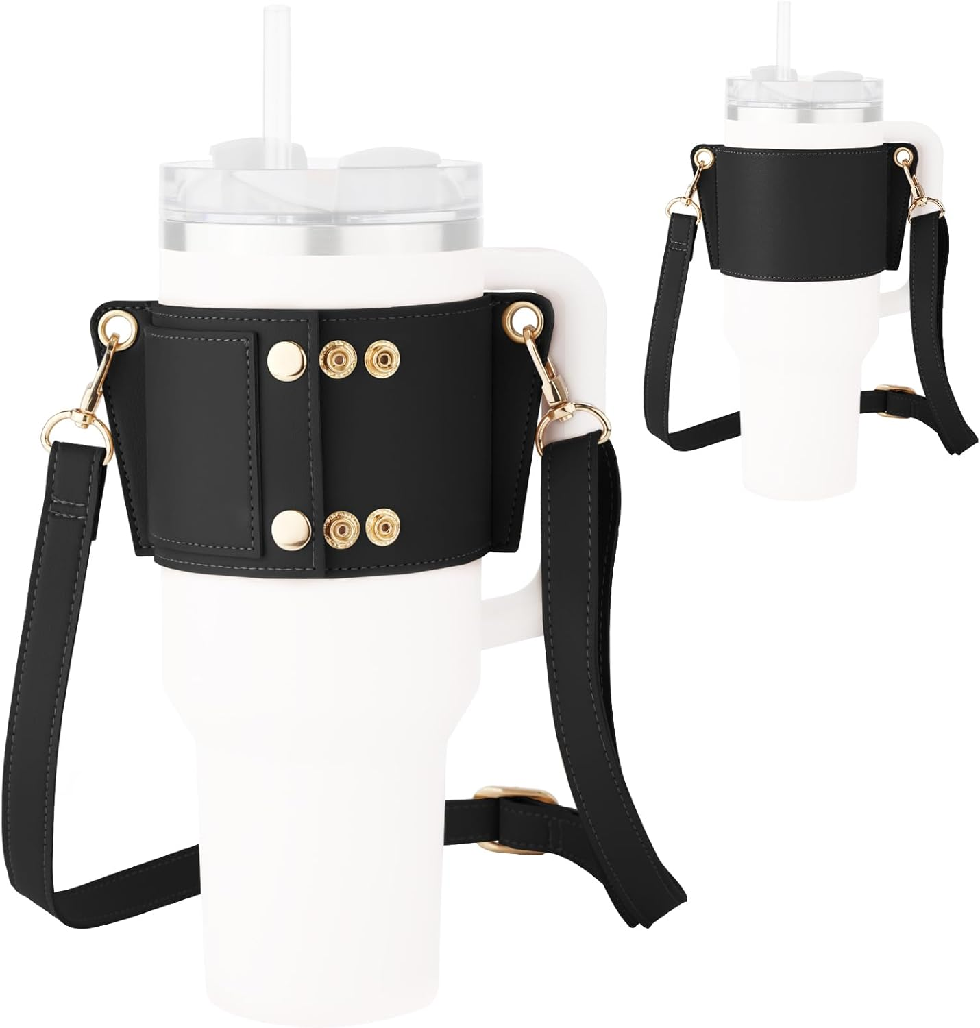 PEUTIER Water Bottle Holder with Strap for Stanley Cup, Adjustable Leather Carrier Strap Water Bottle Bag Compatible with Stanley 40Oz & 30Oz Tumbler with Handle(Apricot)