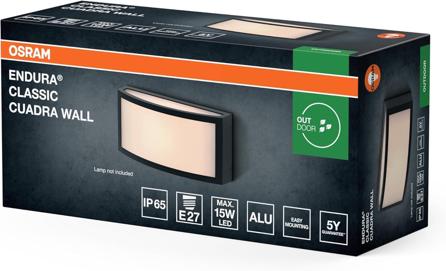 OSRAM Endura Classic Cuadra Outdoor Light, Wall Light, E27 Socket, Dark Grey, Aluminium, Quick & Easy Installation, Frosted Diffuser, IP65 Protection Class, Outdoor Use image number 1