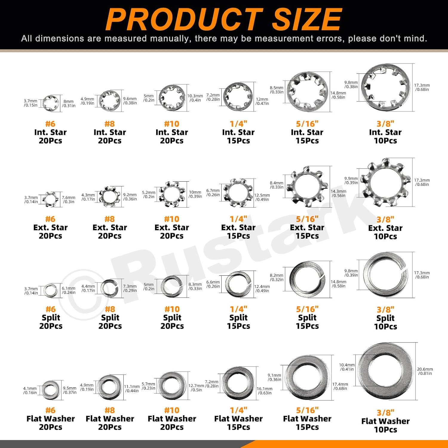 Rustark 400Pcs 6 Sizes 304 Stainless Steel SAE External & Internal Star Washers & Split Lock Washers & Flat Washers Assortment Kit Spring Lock Washers for Home Industry Construction