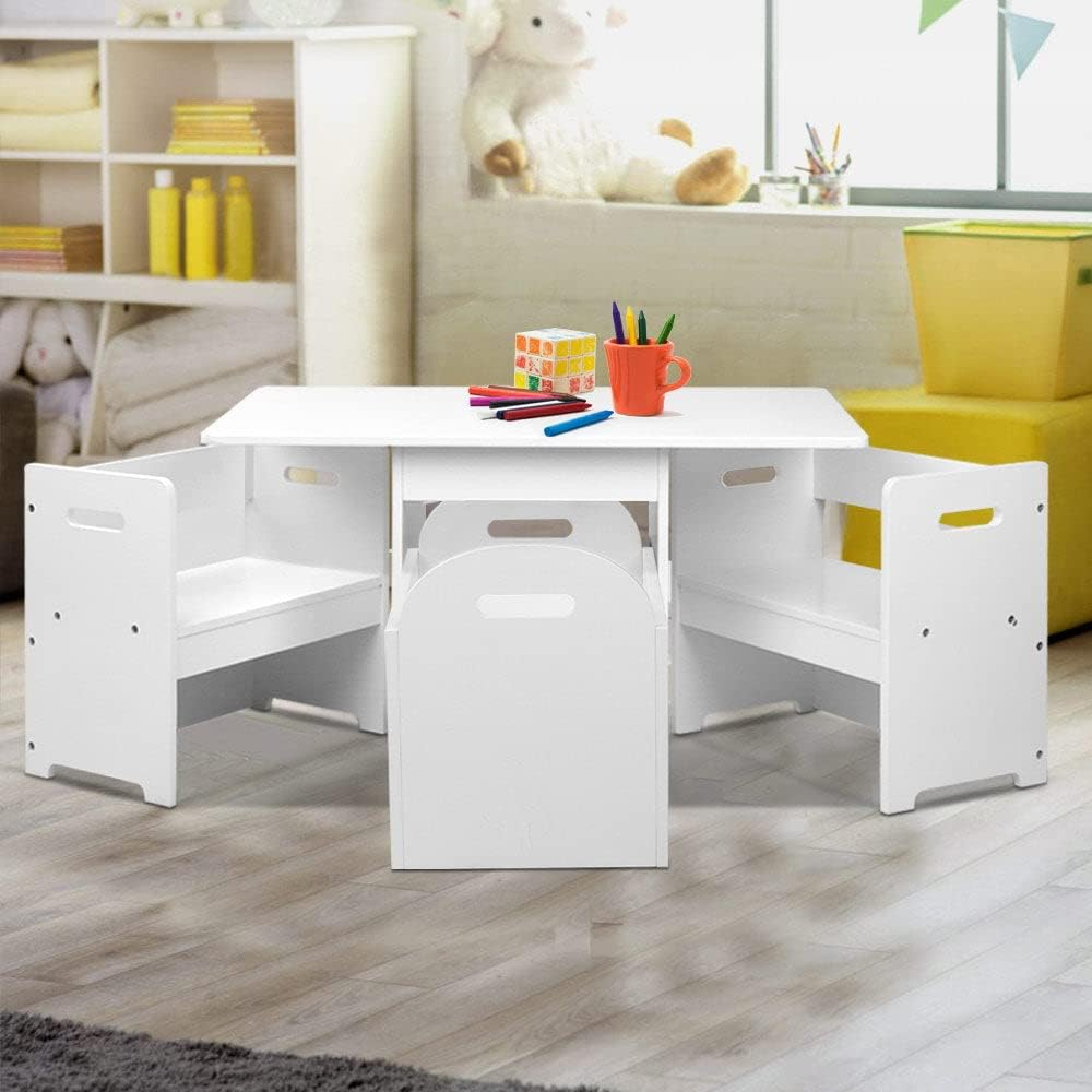 Keezi Kids Table and Chairs with Storage Box, Children Study Chair Desks Dining Tables Drawing Eating Painting Learning Activity Play Setting Home Living Room Bedroom Outdoor Furniture, Durable White