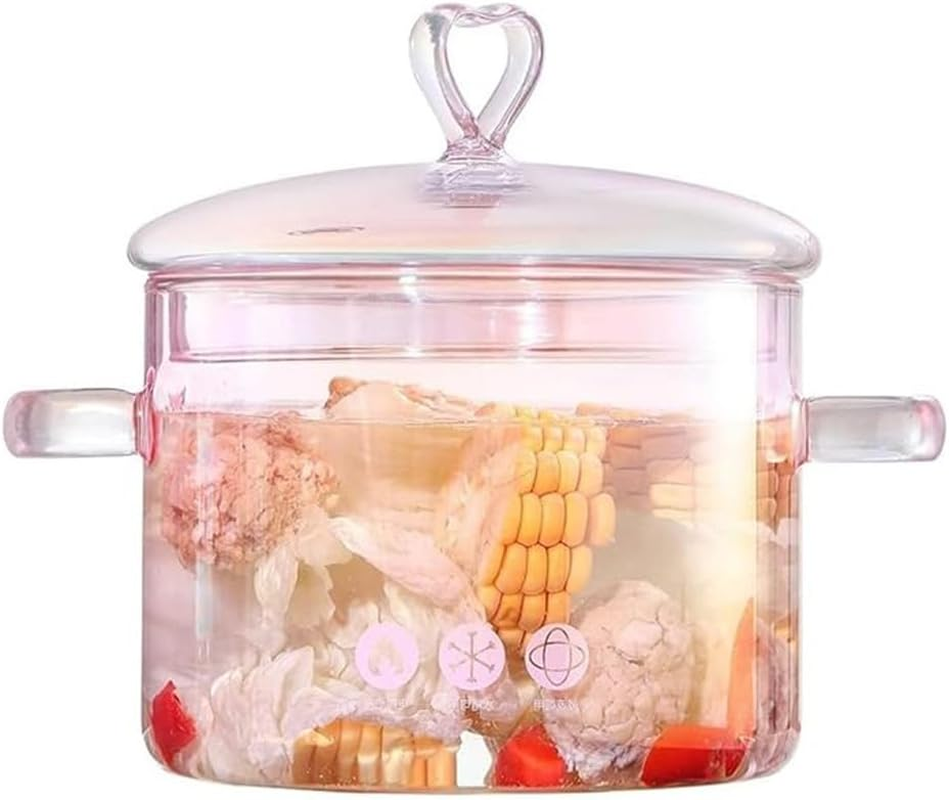 GUDAJIN Pink Transparent Glass Pot, 1500 Ml Soup, Stew, Cooking Pot, Heart-Shaped Handle Lid, Suitable for Pasta, Soup, Milk, Noodles, Vegetable Soup and Salad (Pink) image number 5