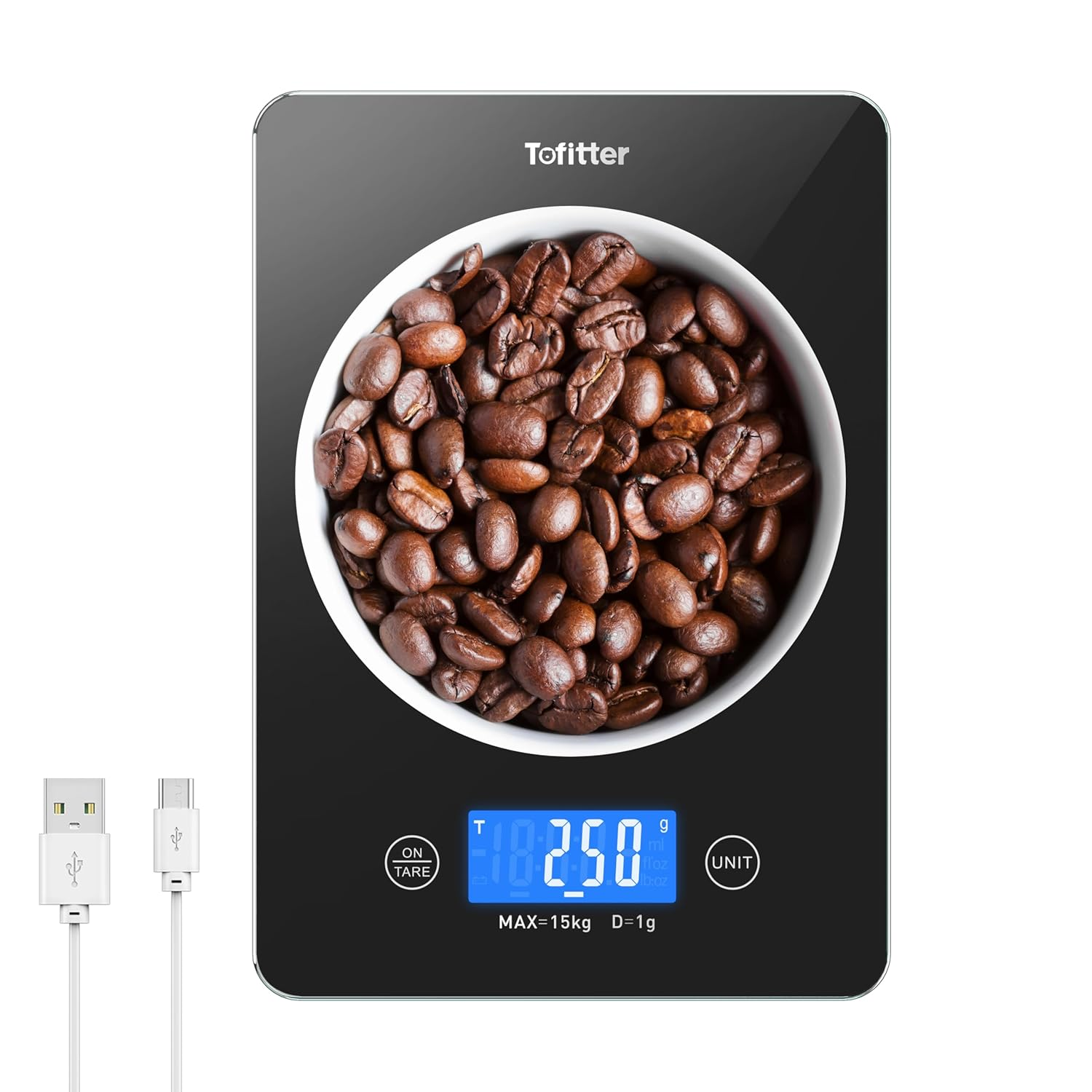 Food Scale.Kitchen Scale,15Kg/33Lb Large Capacity, High Accuracy1G/0.1Oz, USB Rechargeable, Tare Function, Auto-Off, 6 Units, Waterproof, Easy-Clean Glass Platform for Cooking, Baking, Coffee image number 4