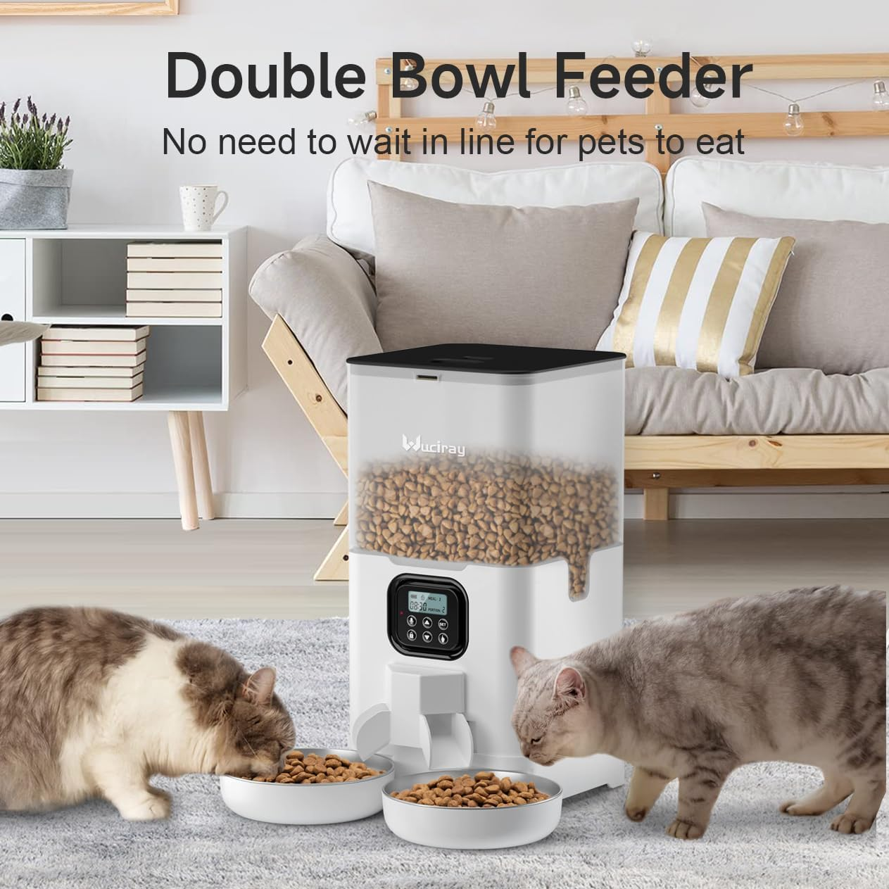 Wuciray Automatic Cat Feeder 6L, Double Pet Feeder with 2 Stainless Steel Bowls, 4 Meals per Day, 10S Voice Recorder, Timed Cat Food Dispenser with Memory Function, Lock Lid and Desiccant Bag(White) - Black image number 2